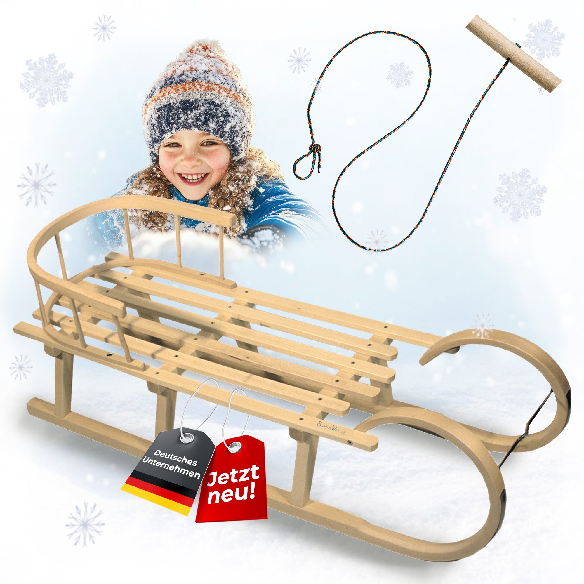 BambiniWelt by Rafael K. Санки Hörnerrodel Деревянные санки mit Rückenlehne + Seil 120cm