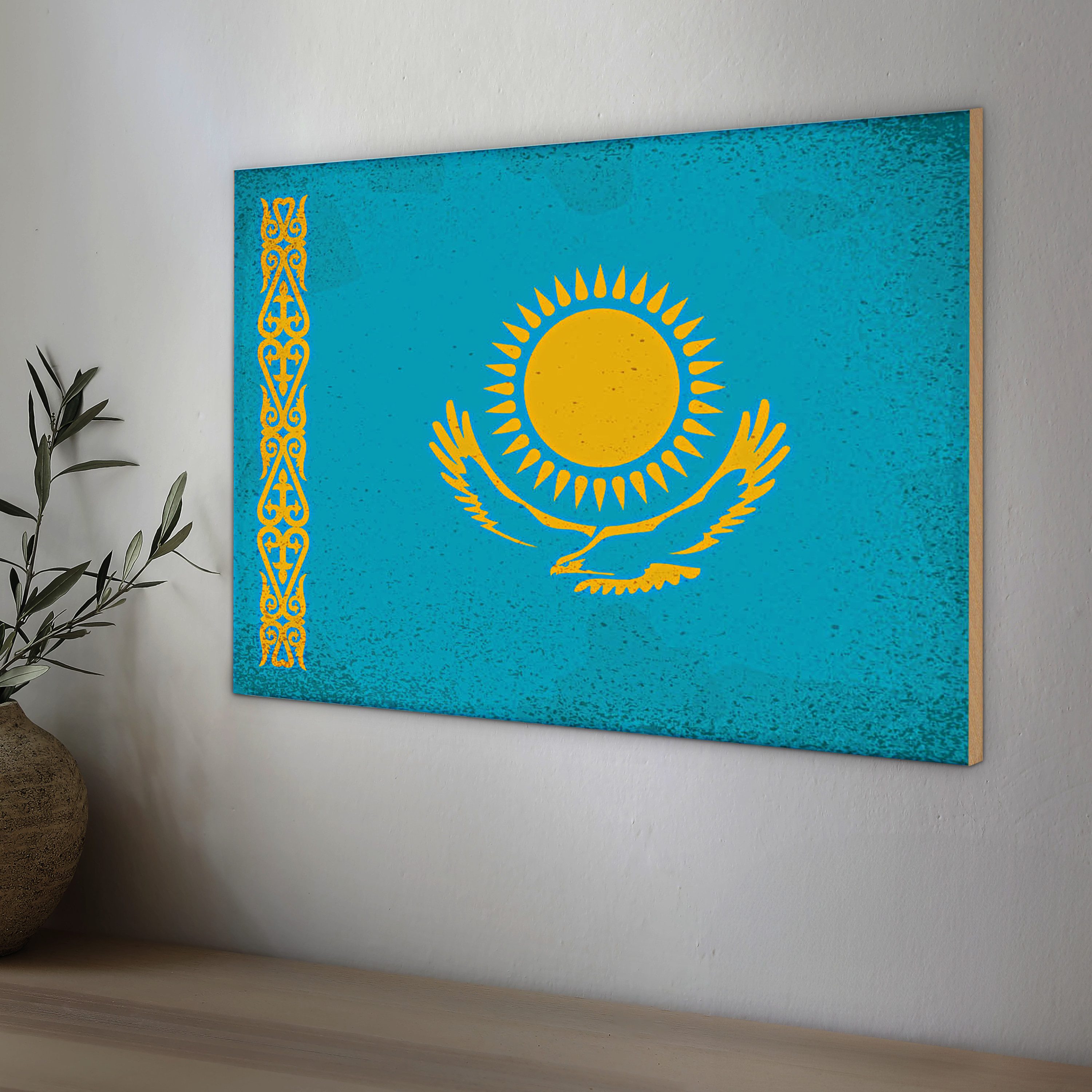 Roomando Holzbild Flagge Kasachstan 18x12cm Kazakhstan Vintage