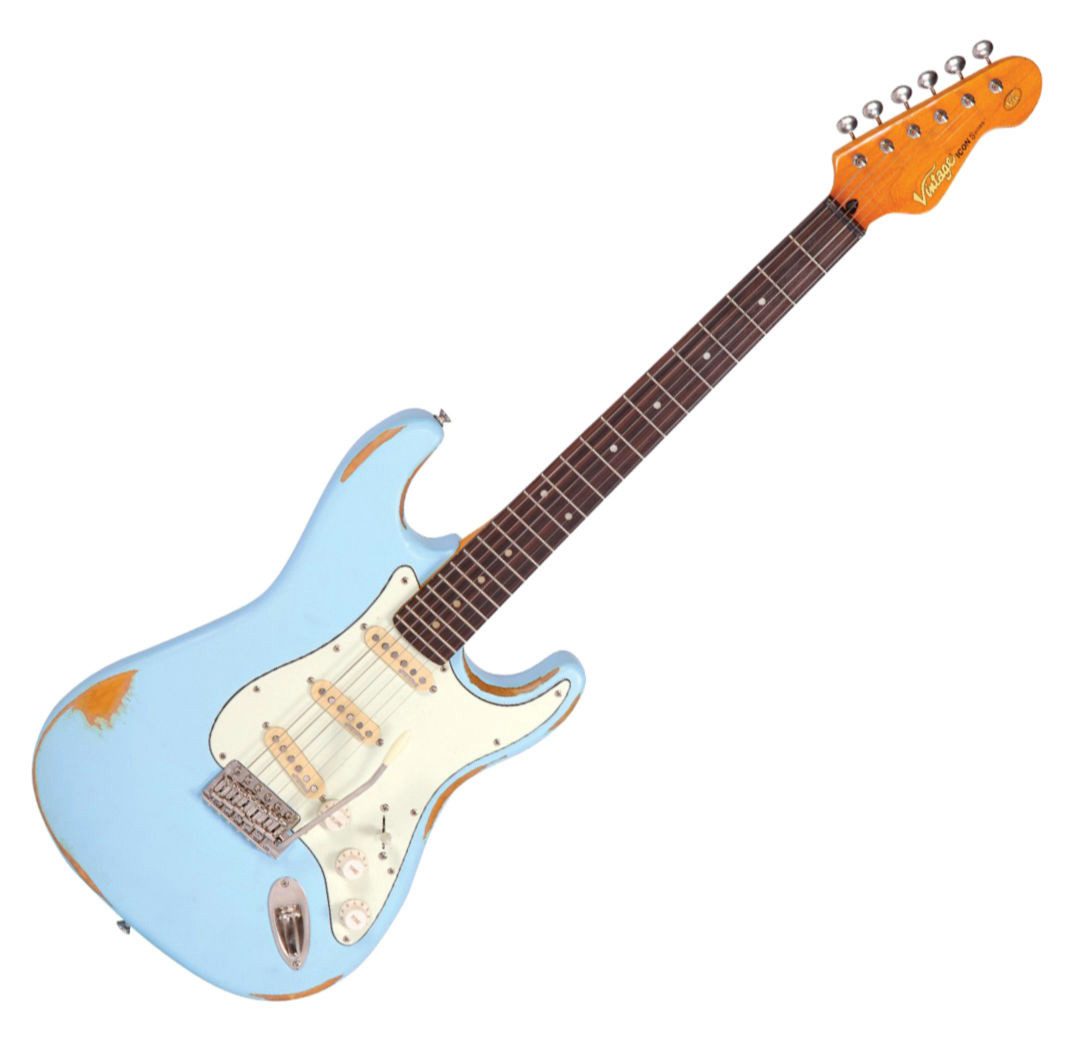 Vintage Guitars E-Gitarre Vintage Icon Series V6MRLB Distressed Laguna Blue, ST-Style