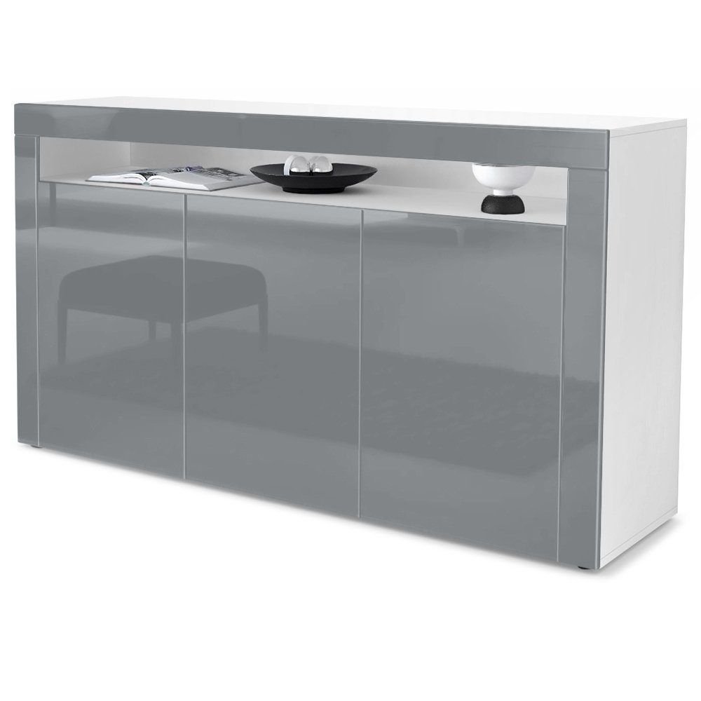 Vladon Sideboard Valencia (Sideboard, mit 3 Türen und 1 offenem Fach), Weiß matt/Grau Hochglanz/Grau Hochglanz (155 x 92 x 40 cm)