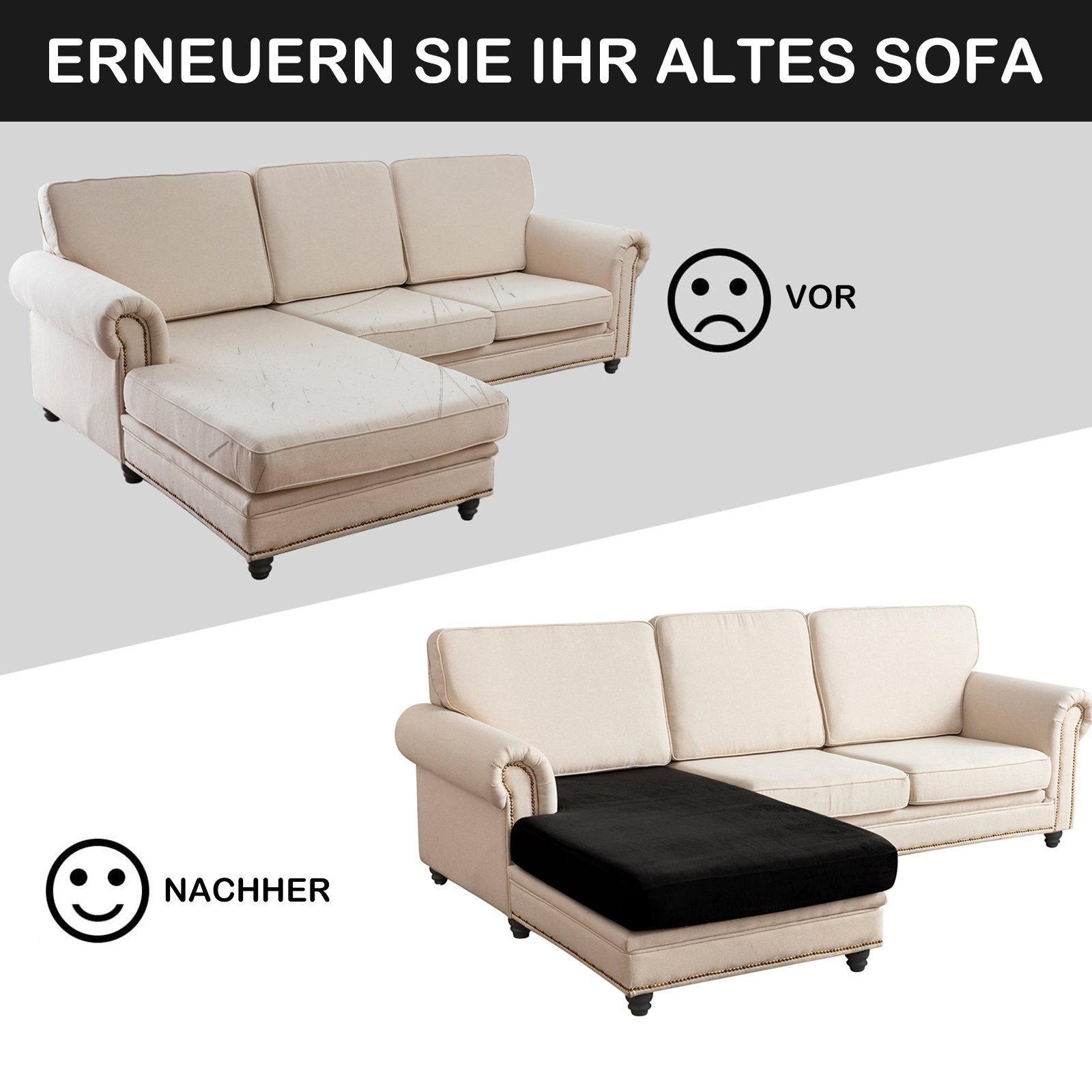 Sofahusse Sofa Sitzbezug,Samt Sitzkissenbezug, Stretch Rosnek, Chaise Loung Sofahusse Stretch,Schonbezug, Schwarz Elastic