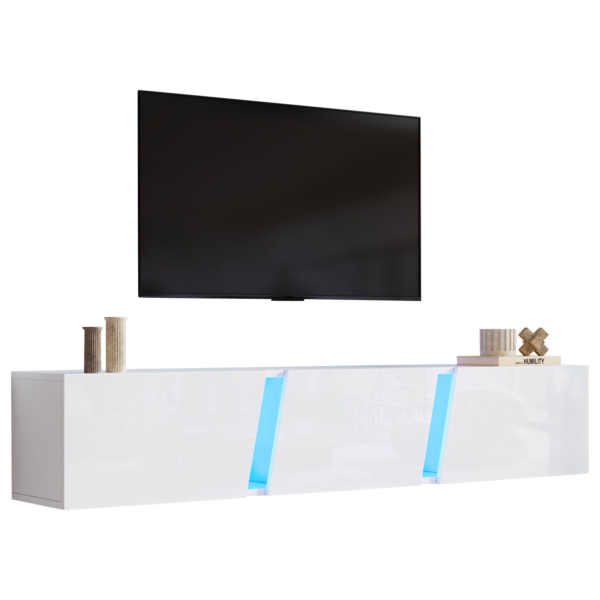 Merax TV-Schrank Hochglanz in Weiß/Schwarz, Hängendes Fernsehschrank (1-St., 180 x 35 x 30 cm) TV-Lowboard mit LED, Acrylakzenten und 3 Türen mit Klappfunktion