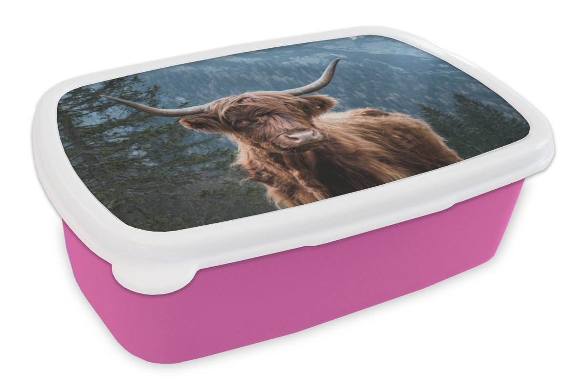 Brotdose rosa - Snackbox, Kinder, (2-tlg), Brotbox Kunststoff, MuchoWow Lunchbox für Schottischer Höhle, Kunststoff Wald Mädchen, - Erwachsene, Highlander