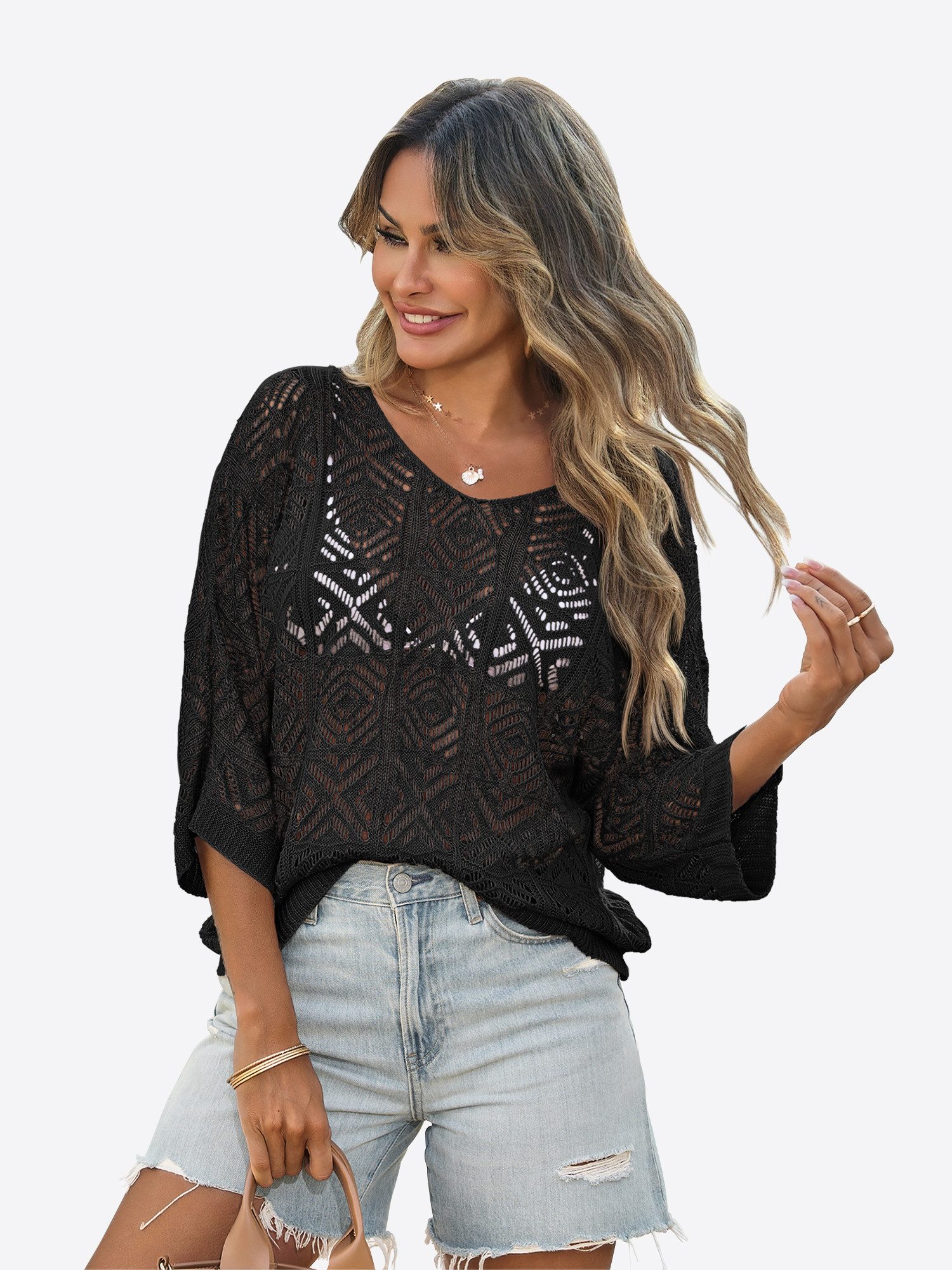 Imily Bela Kurzarmpullover Damen Boho Cover-Up Top aus gehäkeltem Netz (Packung, 1-tlg., 1per-Pack) einfarbig