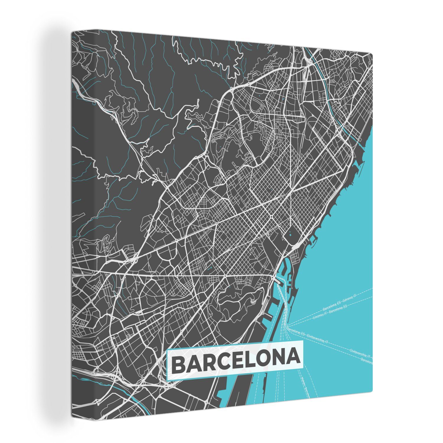 OneMillionCanvasses® Leinwandbild Barcelona - Blau - Karte - Stadtplan, (1 St), Leinwand Bilder für Wohnzimmer Schlafzimmer