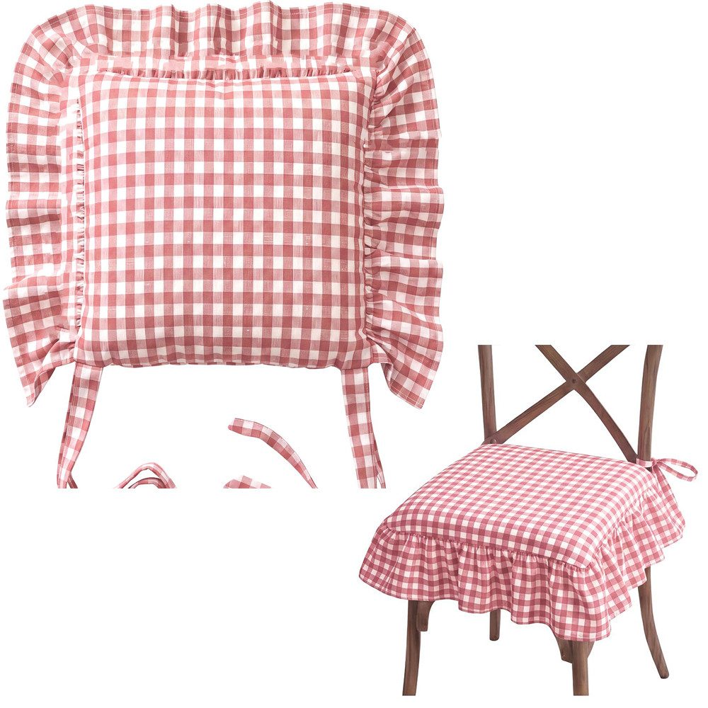 Zyronn Sitzkissen Stuhlkissen mit Volant und Bindebändern, kariert, 45×45 cm Landhaus Stuhlauflage für Esszimmer und Küche