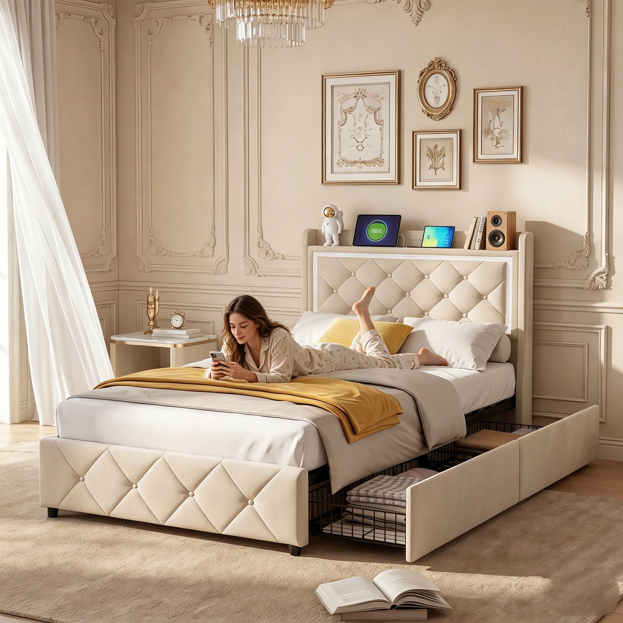 Simurq Polsterbett Einzelbett 90x200 mit 2 Schubladen, Jugendbett, Gästebett, Bettgestell, Mit LED und Ladeanschluss, Mit Lattenrost – Bild 3 von 5