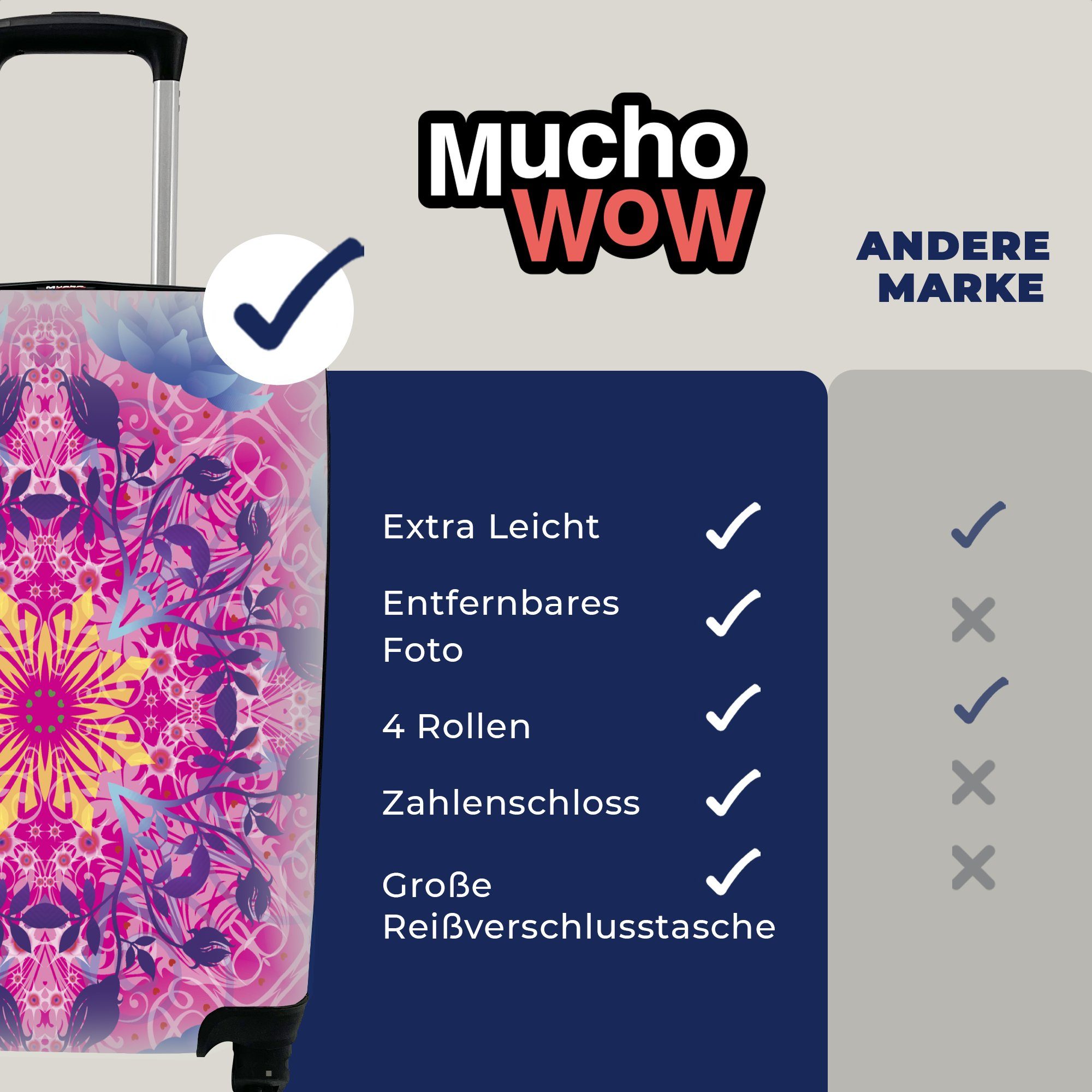 MuchoWow Handgepäckkoffer Mandala bunt, 4 Reisetasche Rollen, für Ferien, mit Trolley, Handgepäck Reisekoffer rollen