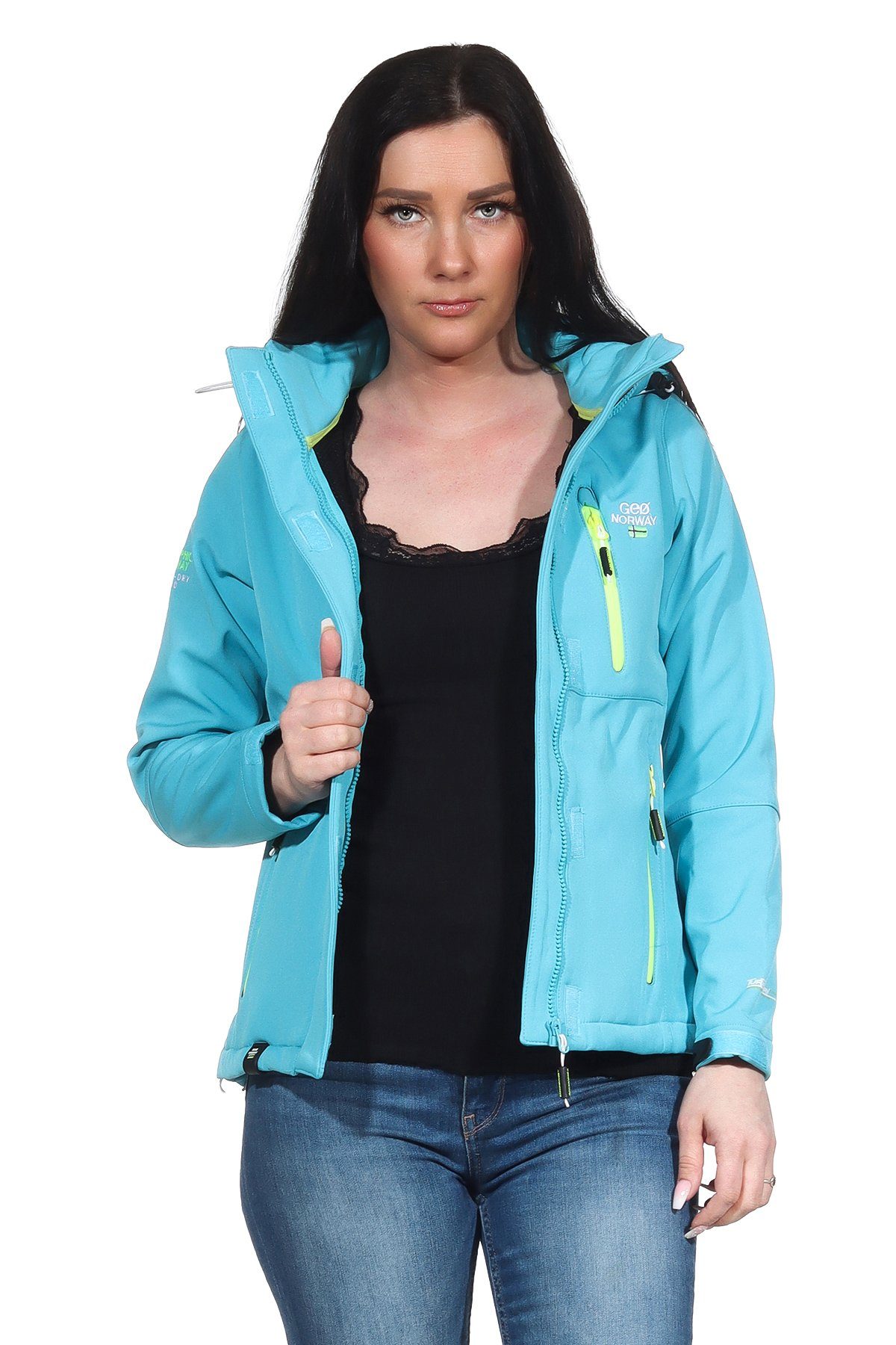 Geographical Norway Softshelljacke Damen Softshell Outdoor Wander Trekking Jacke in Unifarbe, mit abnehmbarer Kapuze, mit Stehkragen