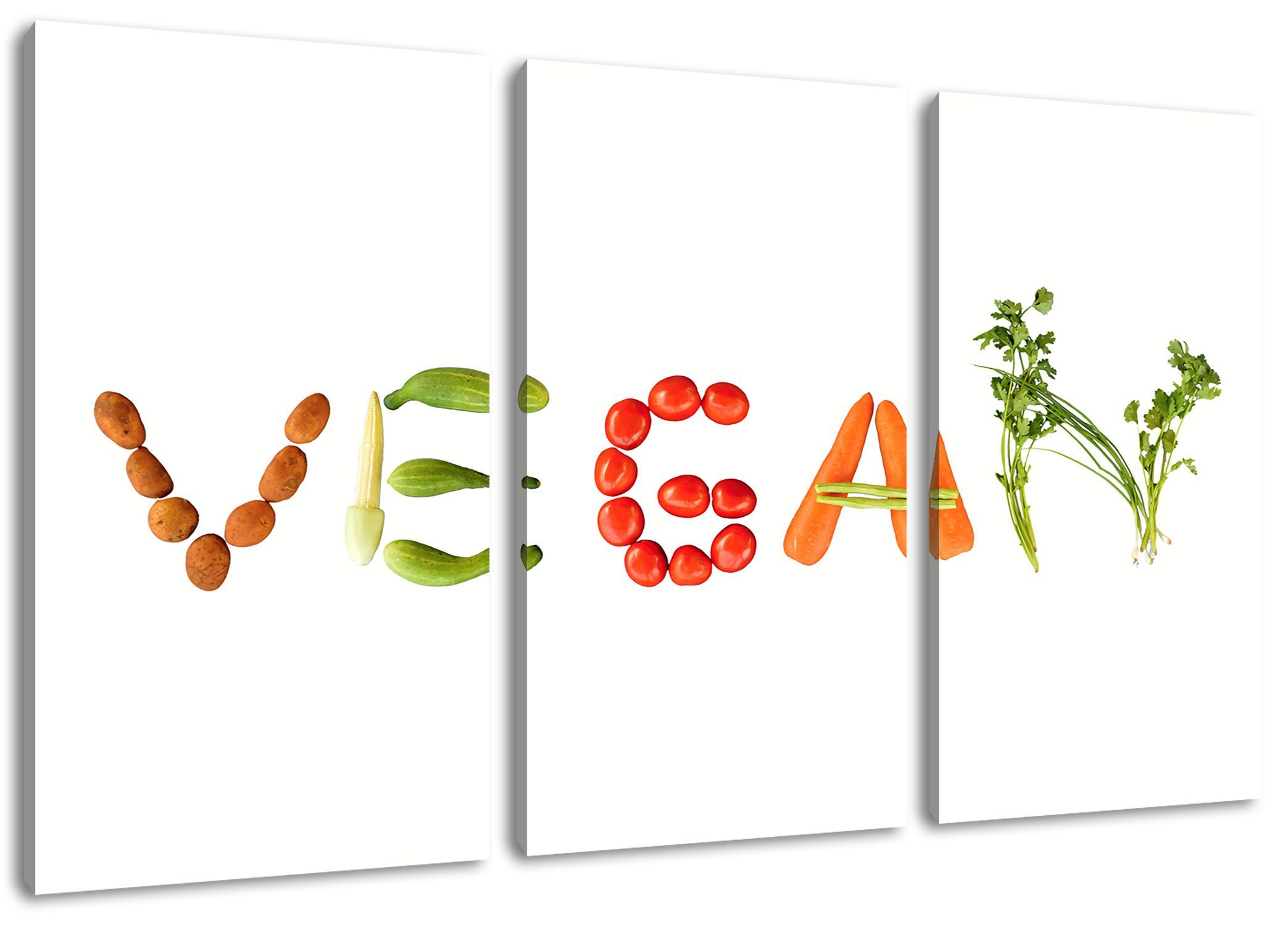 Pixxprint Leinwandbild Vegan Gemüse, Vegan Gemüse 3Teiler (120x80cm) (1 St), Leinwandbild fertig bespannt, inkl. Zackenaufhänger | Leinwandbilder