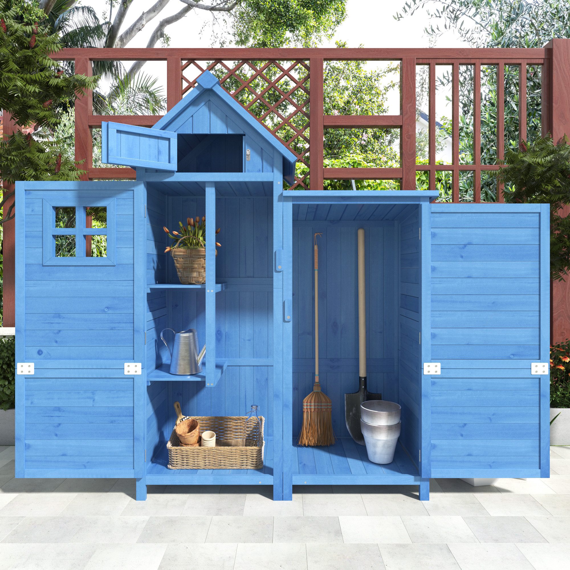 BlingBin Geräteschrank Gerätehaus Gartenschrank Geräteschuppen, Werkzeugschrank Balkonschrank (Holzhütte mit 2 Regale, PVC-Dach - Wasserdicht, Sonnenbeständig und Stabil, 1-St., 118 x 54 x 173 cm, Tragendes Gewicht: 60kg) Werkzeughaus für Kleine Garten, Terrasse und Balkon, Wetterfest, Blau