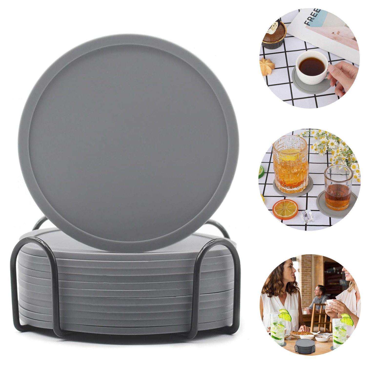 OKWISH Getränkeuntersetzer 12er Gläser Untersetzer Set Glasuntersetzer Tischuntersetzer Rund 10cm, Silikonuntersetzer mit Edelstahl Halter Durchmesser 10 cm aus Silikon, 12-tlg., Rutschfest und Isoliert für Getränke Glas Tassen Bar usw
