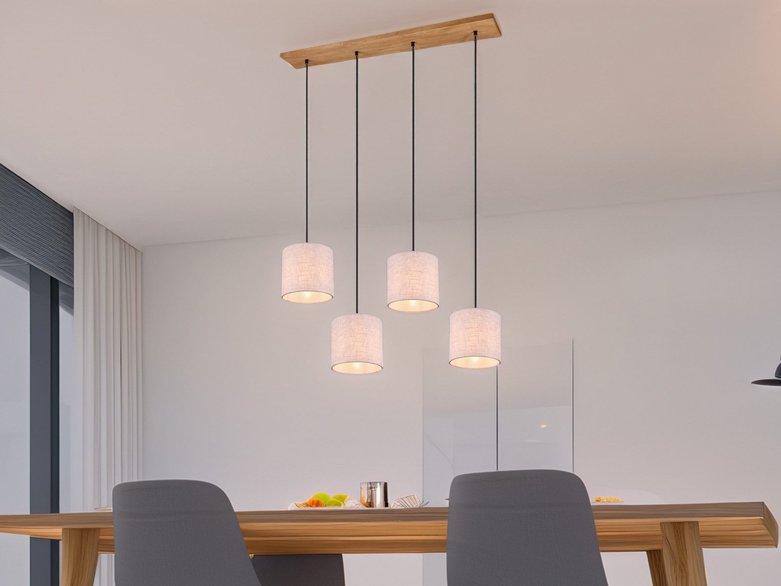 TRIO Leuchten LED Pendelleuchte, LED wechselbar, Warmweiß, Esstisch-lampen Holz-balken skandinavisch Lampenschirme Stoff, B 100cm