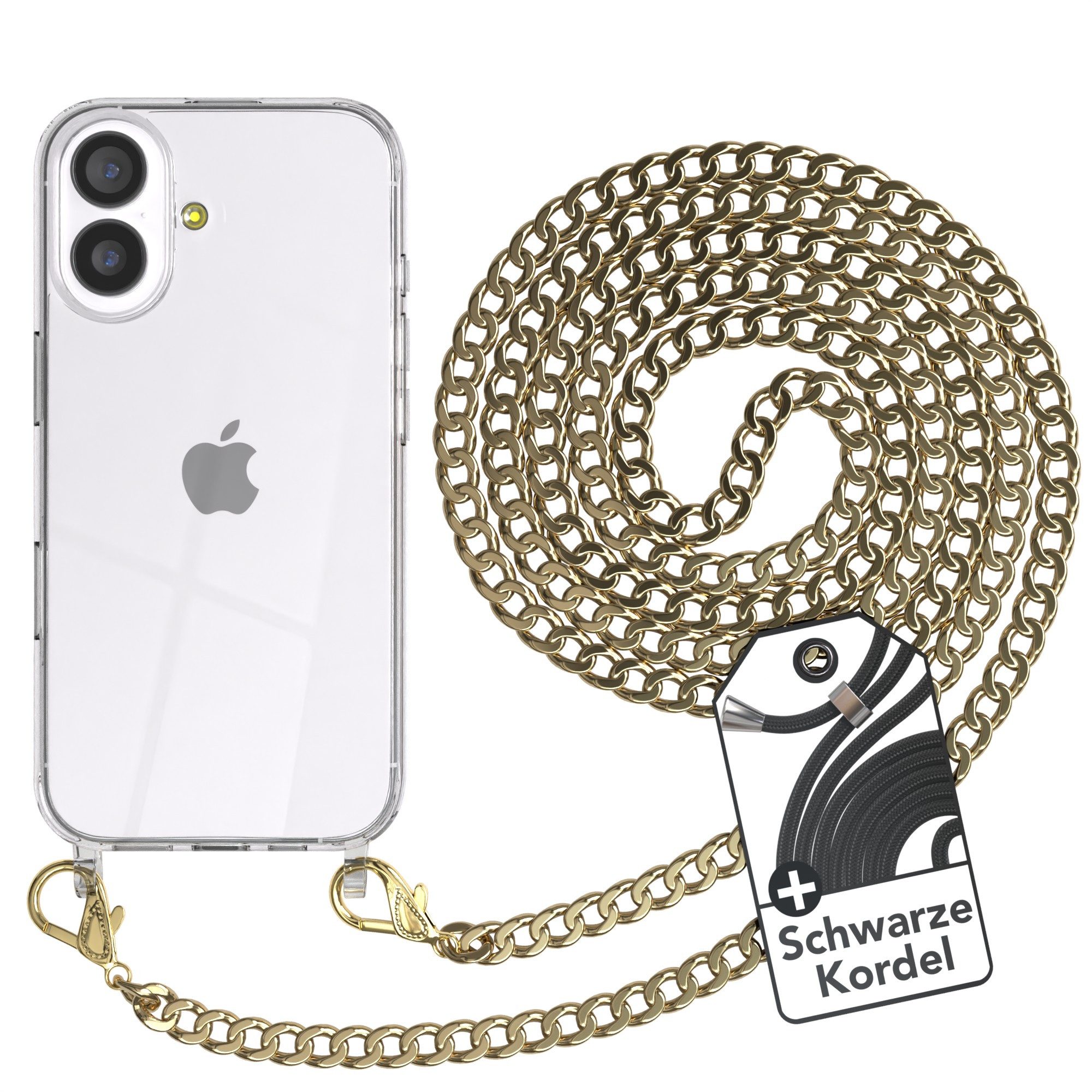 EAZY CASE Handykette 2in1 Metallkette für Apple iPhone 17 6,3 Zoll, Hülle mit Band Silikonhülle durchsichtig Necklace Cover Slimcover Gold