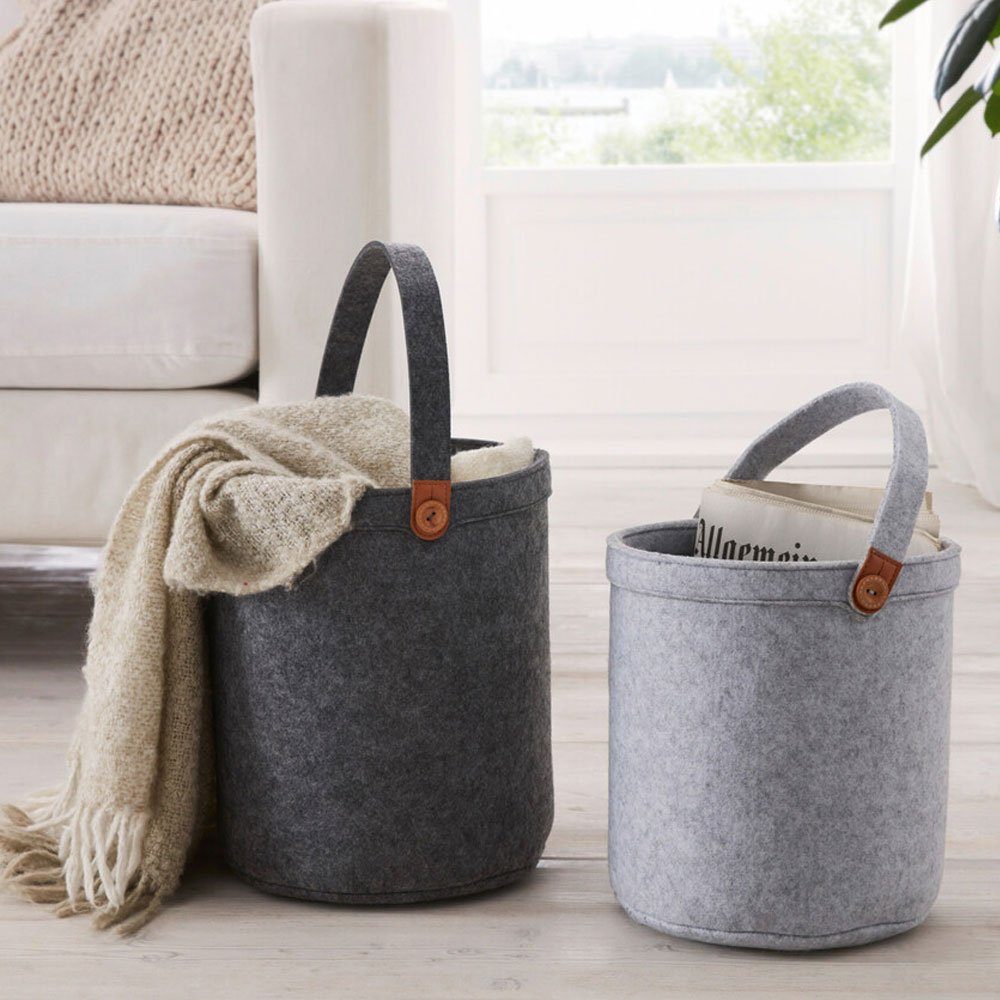 Home-trends24.de Aufbewahrungskorb Filzkorb Grau Aufbewahrung Organizer  Deko Griffe Rund Tasche Füllkorb (2 St)