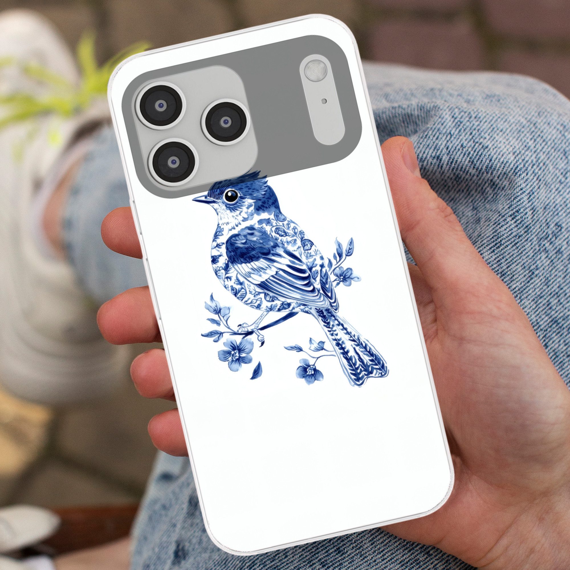 MuchoWow Handyhülle für Apple iPhone 17 Pro Max Vogel - Delfter Blau - Illustration - Blum, Smartphone-Bumper, Print, Handy Schutzhülle Dünn