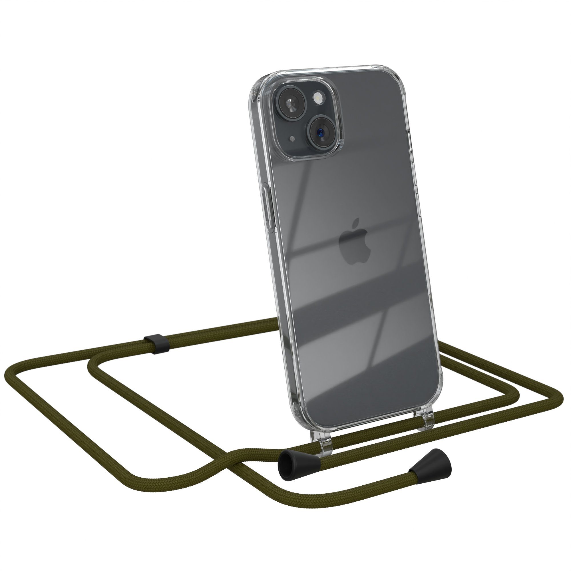 EAZY CASE Handykette mit-/ ohne Magsafe Hülle für iPhone 15 6,1 Zoll, Handykette mit Band Cross Bag für Mann und Frau Festivalbag Olive Grün