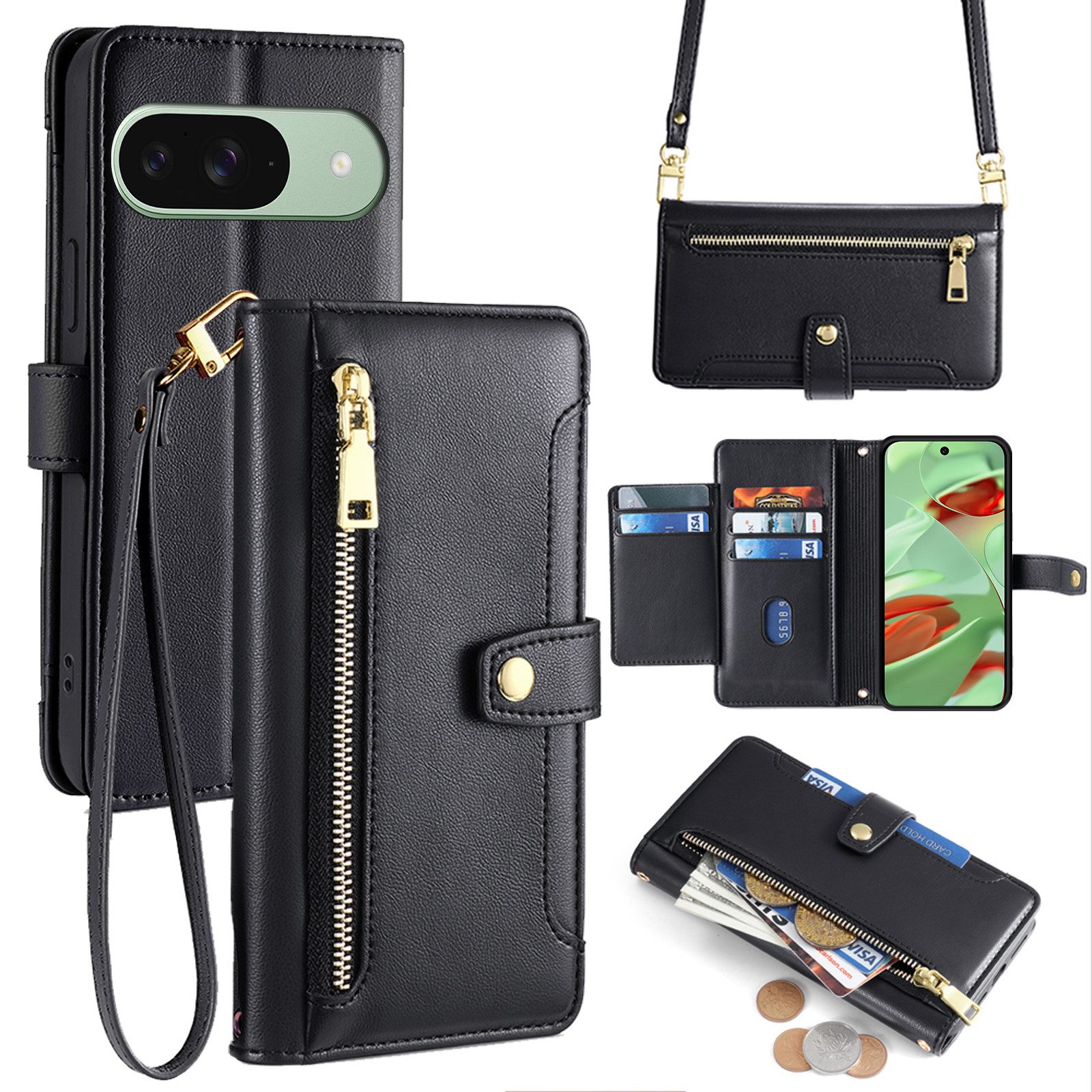 betterfon Handykette für Google mit Band Kartenfächer PU Leder Umhängetasche, Umhängetasche, Hände frei, Silikonhülle & Schnur für Alltag