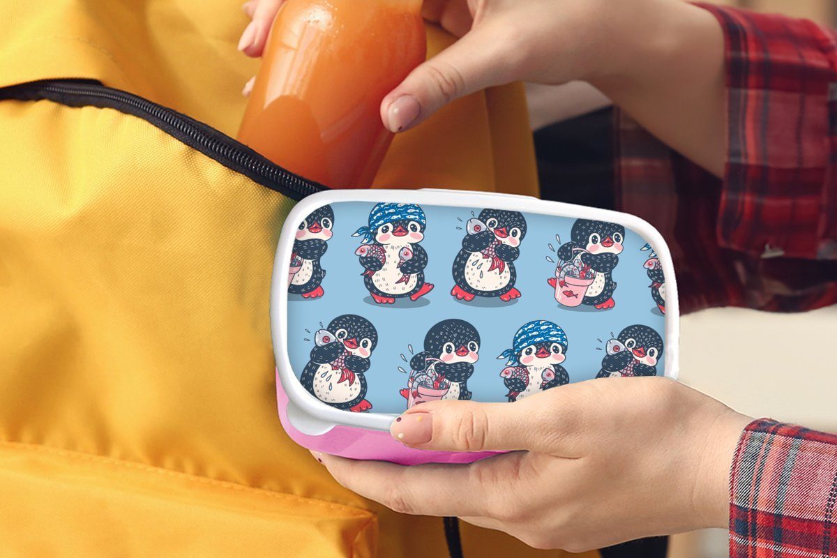 MuchoWow Lunchbox Pinguin Snackbox, - Brotdose - Gestaltung Kunststoff, rosa (2-tlg), Erwachsene, für Kinder, Mädchen, Brotbox Fisch, Kunststoff