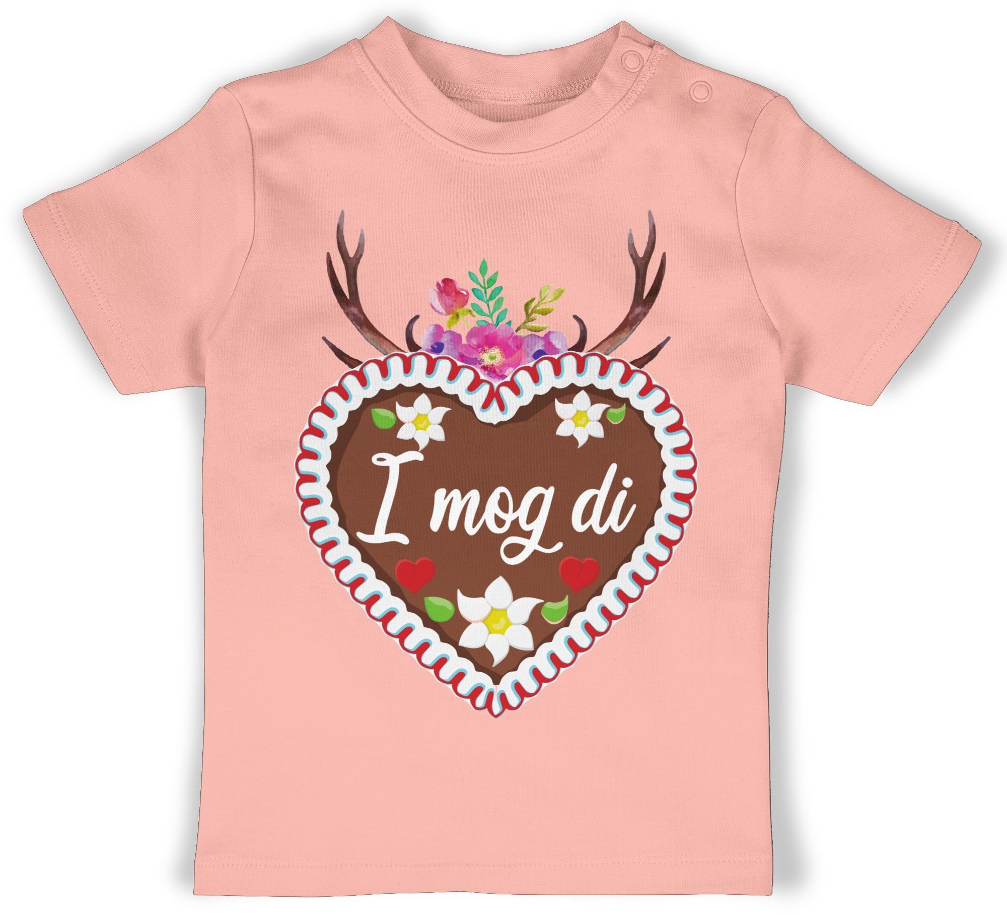 Shirtracer T-Shirt Lebkuchenherz I mog di mit Geweih und Blumen Mode für Oktoberfest Baby Outfit 1 Babyrosa