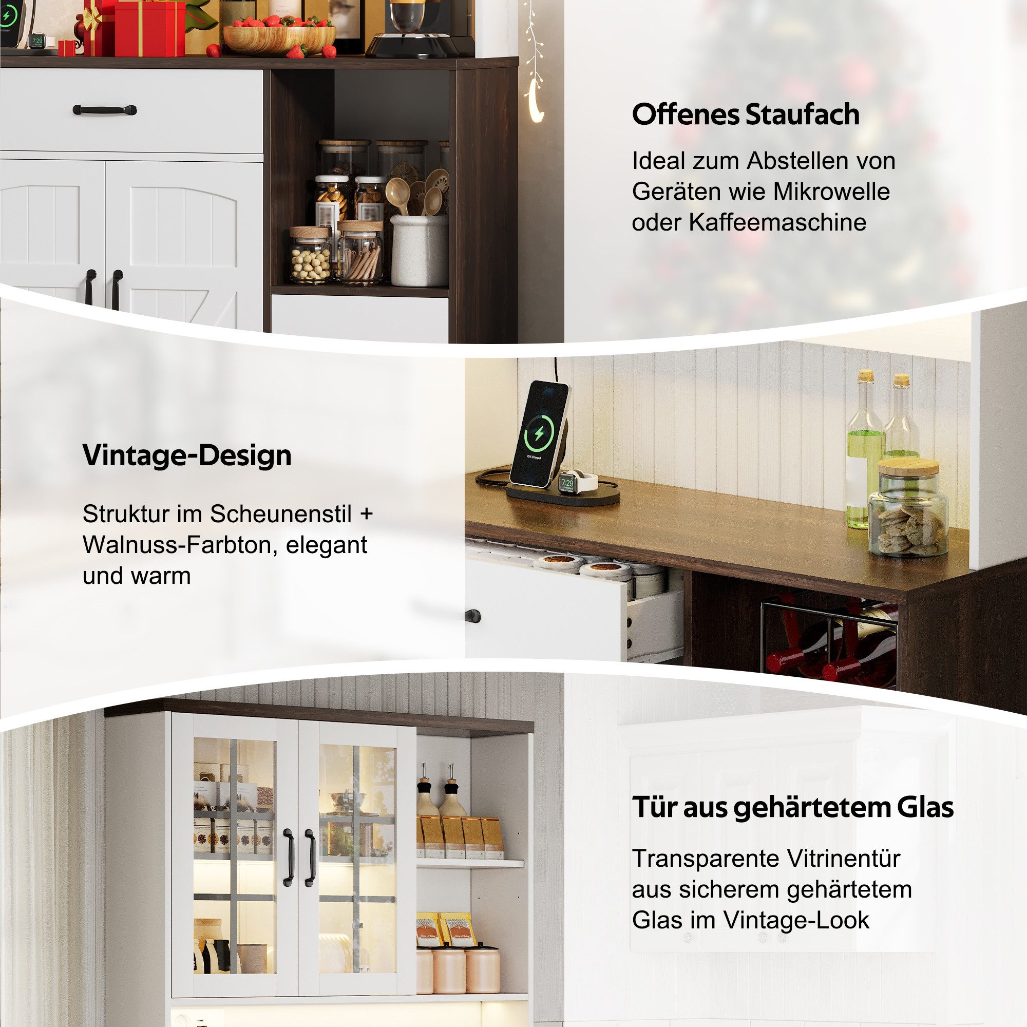 Celya Hochschrank Küchenschrank im Scheunenstil, mit LED-Beleuchtung und Steckdosen (mit verstellbaren Einlegeböden und 2 Schubladen) Ideal für Esszimmer, Wohnzimmer und Küche