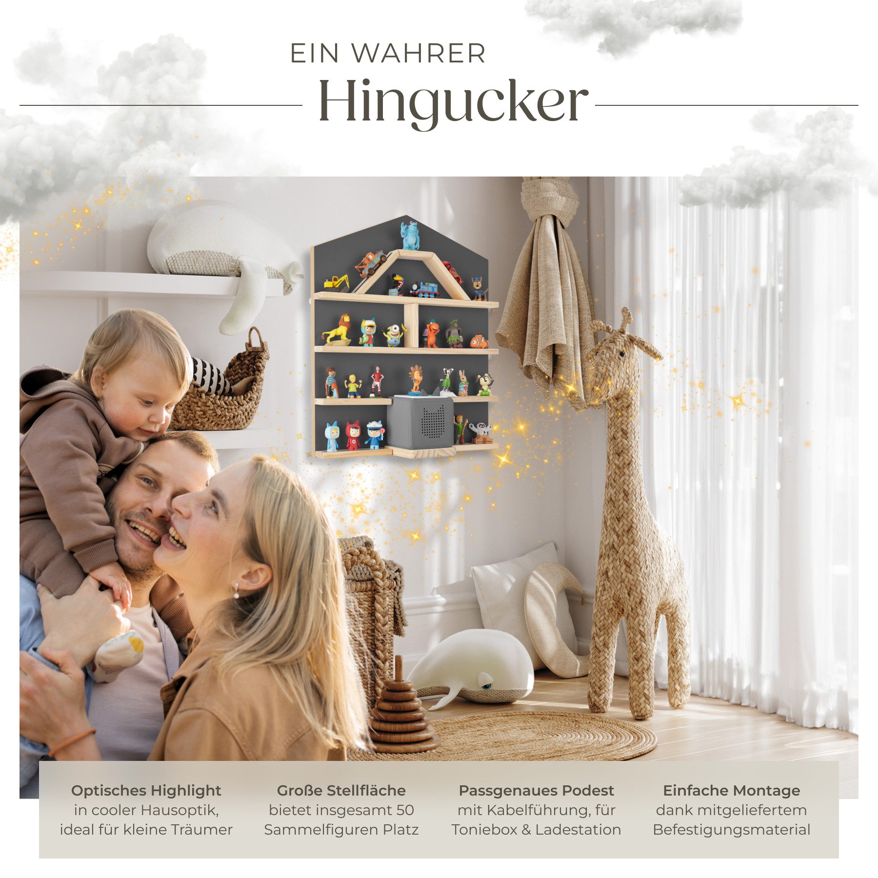 tectake Wandregal Tonie Regal in Haus-Optik, 50 x 15,5 x 60 cm, Tonieboxregal MyLittleStory House 1-tlg., für bis zu 50 Tonies, abgerundete Ecken, mit integrierter Kabelführung