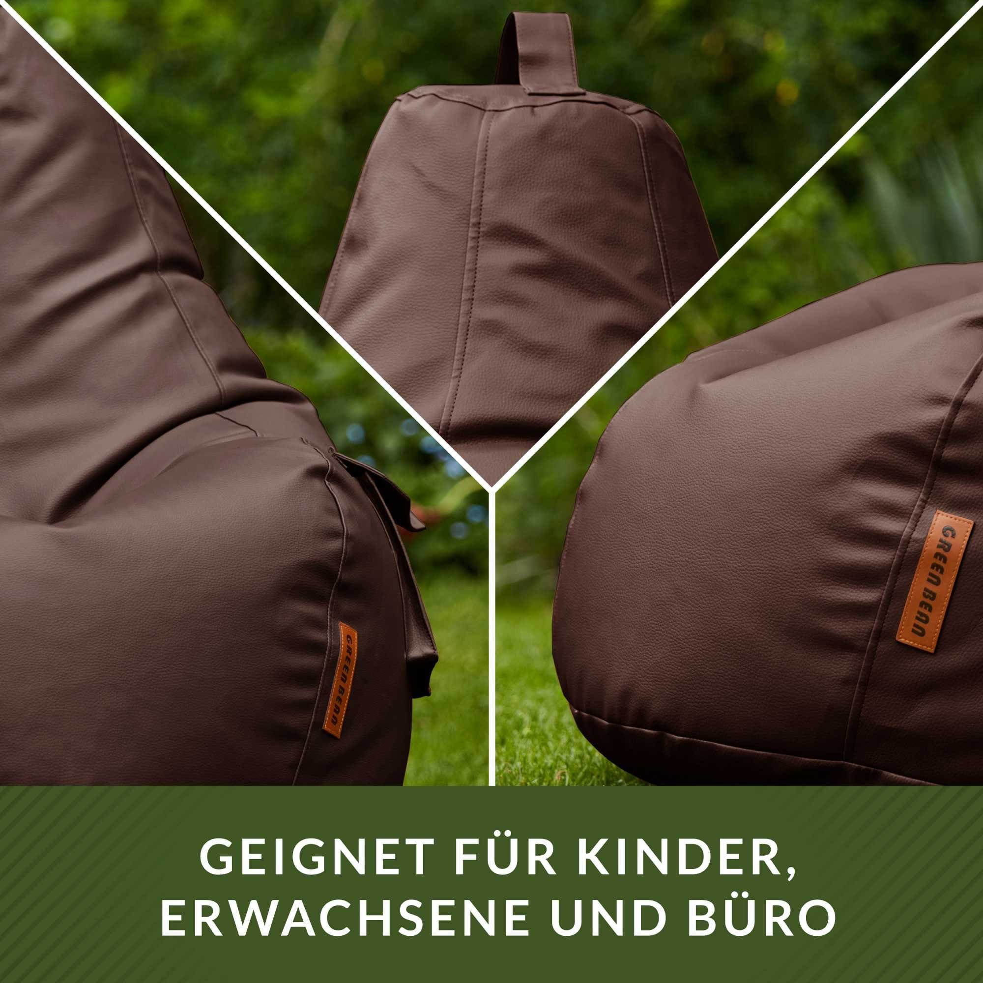 Farben & Lounge aus mit Dunkelbraun Sitzpuff Sitzsessel Bean Kunstleder in abwaschbare (Indoor Bodenkissen Oberfläche, Sitzsack Outdoor, Gamingstuhl Green Füllmaterial Bag (EPS 3 mit Perlen) Bean Rückenlehne), Sitzkissen