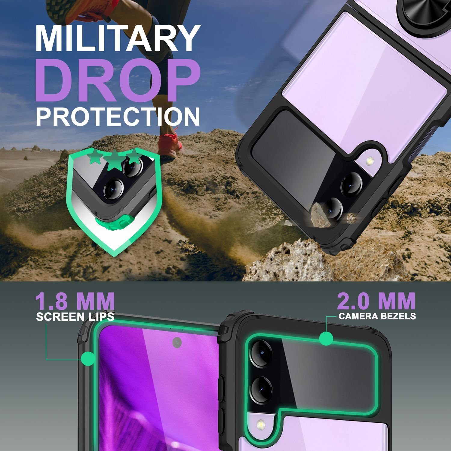 Nalia Smartphone-Hülle Samsung Galaxy Z Flip4 17 cm (6,7 Zoll), Klare Ring Hülle / Transparent mit Farbrahmen / 360 Grad Finger-Halter
