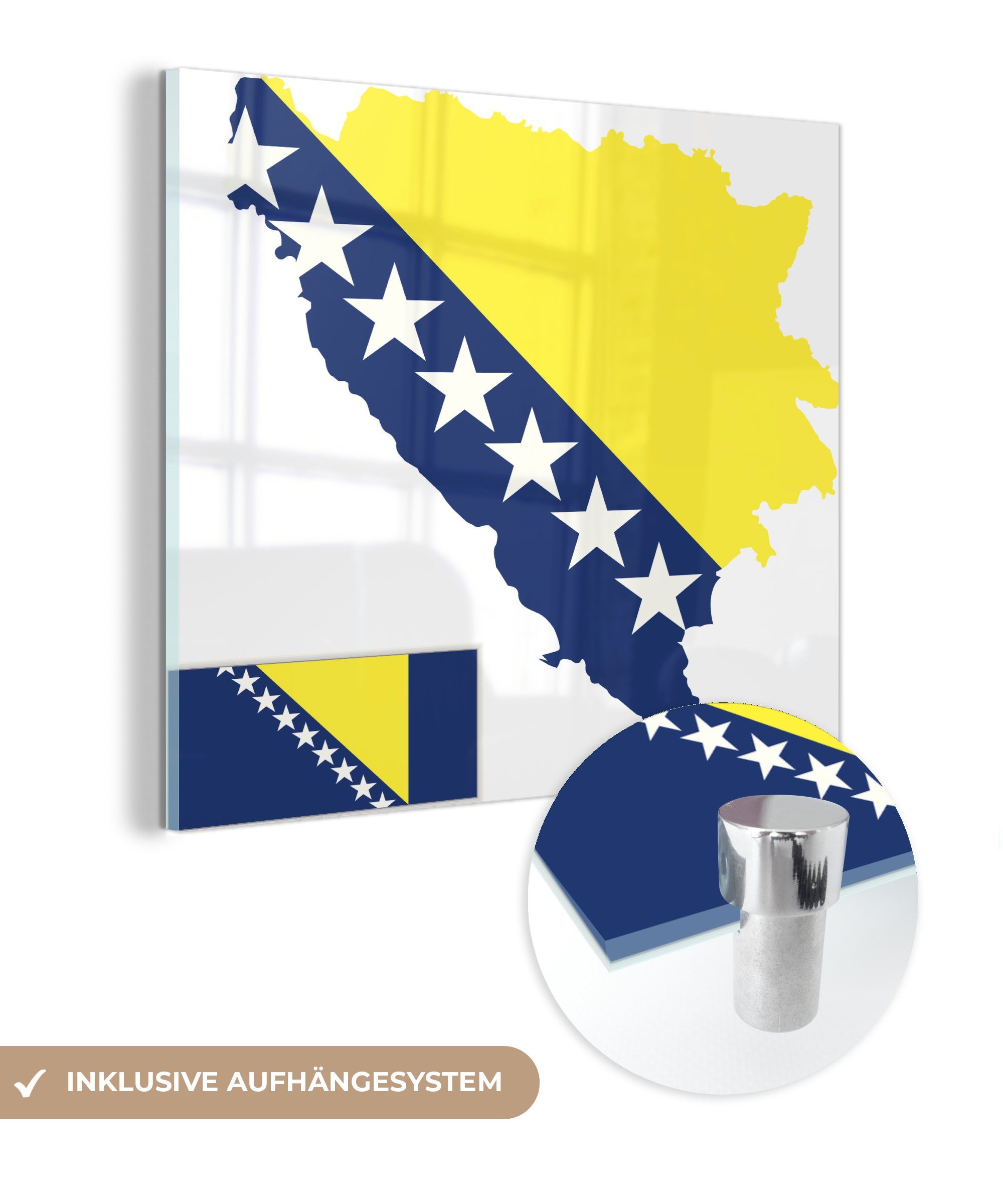 MuchoWow Acrylglasbild Eine Illustration von Bosnien und Herzegowina in den Farben der Flagge, Inkl. Aufhängung, Bilder auf Glas Wandbild, Wanddeko Wohnzimmer Badezimmer, 20x20 cm