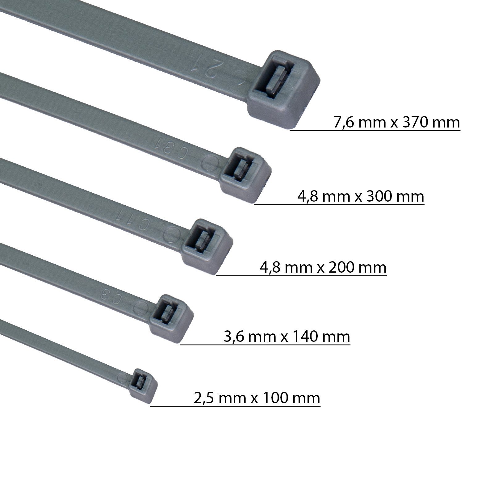 HORZEFIX Kabelbinder set grau lang uv beständig Universalbinder 2,5, 3,6, 4,8, 7,6 breit (Packung, 500-St., VPE= 5 x 100 Kabelbinder im Polybeutel) Temperaturbeständig/wetterfest