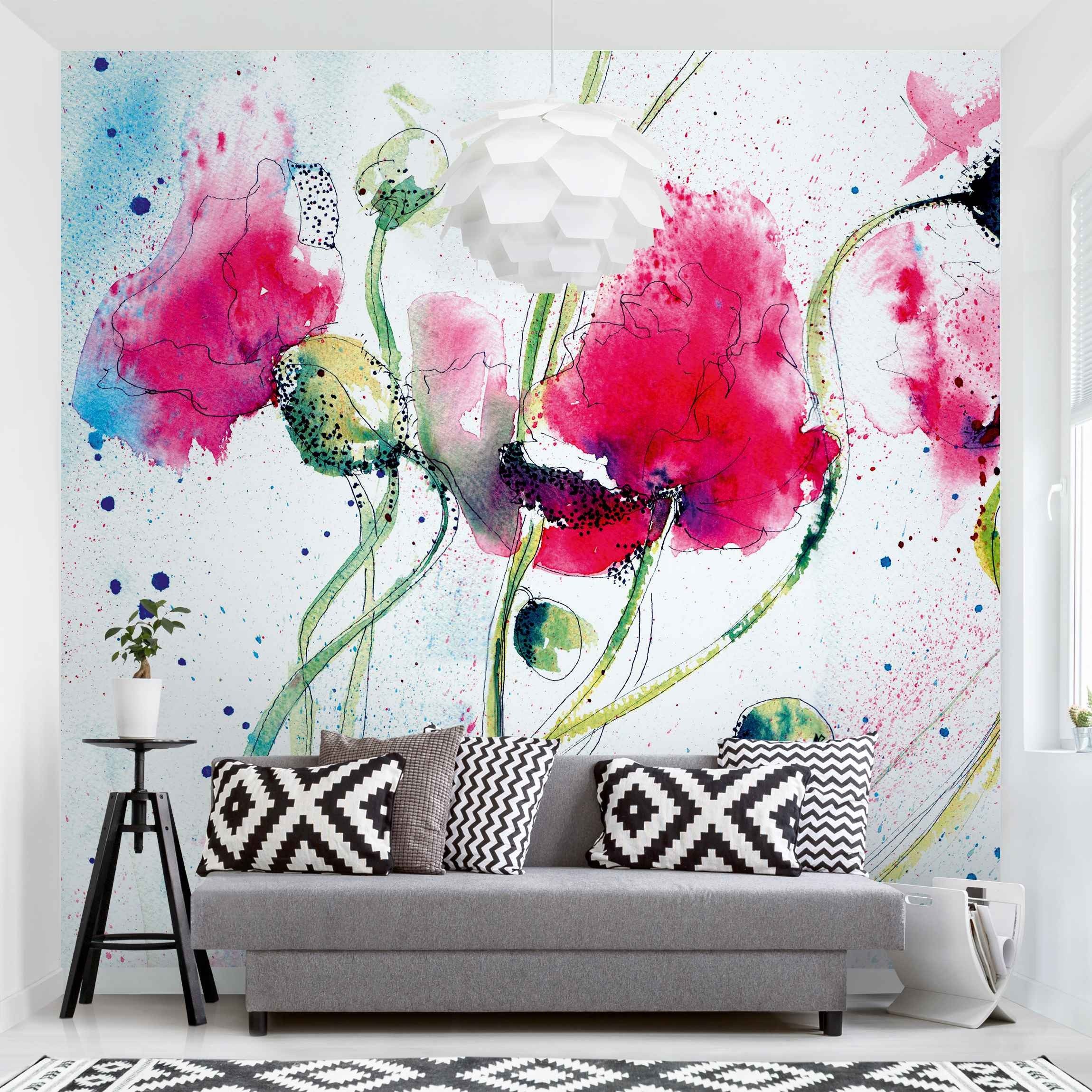 Bilderdepot24 Fototapete Mohnblumen Painted Poppies Floral Blumen Natur Wanddeko, Glatt, Matt, (Vliestapete inkl. Kleister oder selbstklebend), Wohnzimmer Schlafzimmer Küche Flur Motivtapete Vliestapete Wandtapete