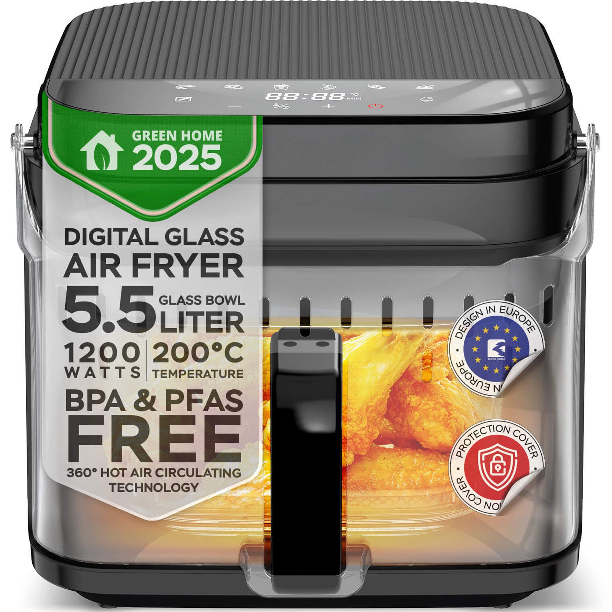 TurboTronic by Z-Line Heißluftfritteuse Glas Airfryer 40–200 °C Heißluftofen 8 Programme ohne Fett Fry & Grill, 1200 W, Dörren Heißluft Fritteuse Power Fettarm Air Fryer BPA-frei