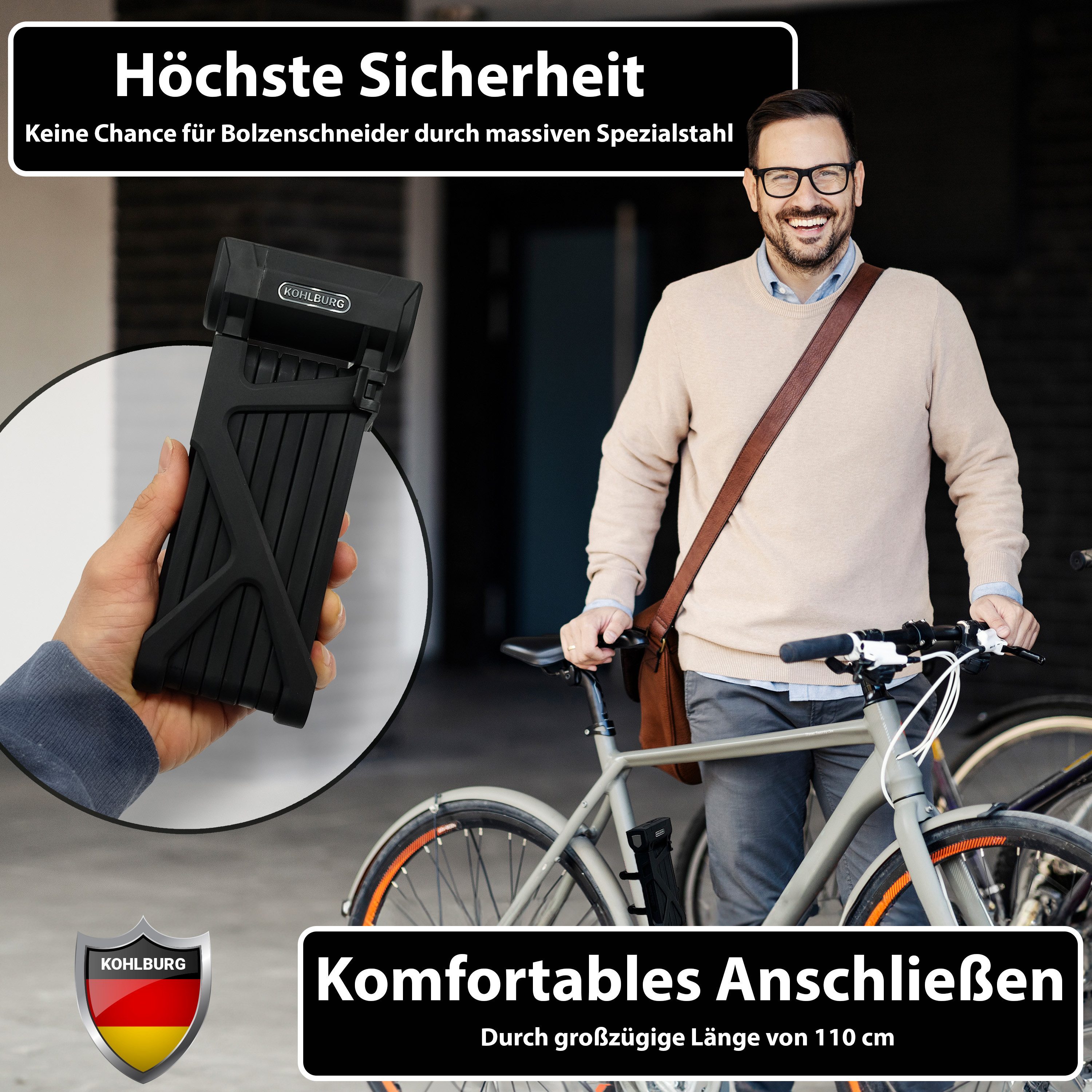 KOHLBURG Faltschloss mit höchster Sicherheit [Bolzenschneider-sicher] für Fahrrad & E-Bike, 110cm lang • Sicherheitsschloss mit 3 Schlüsseln • inkl. Halterung