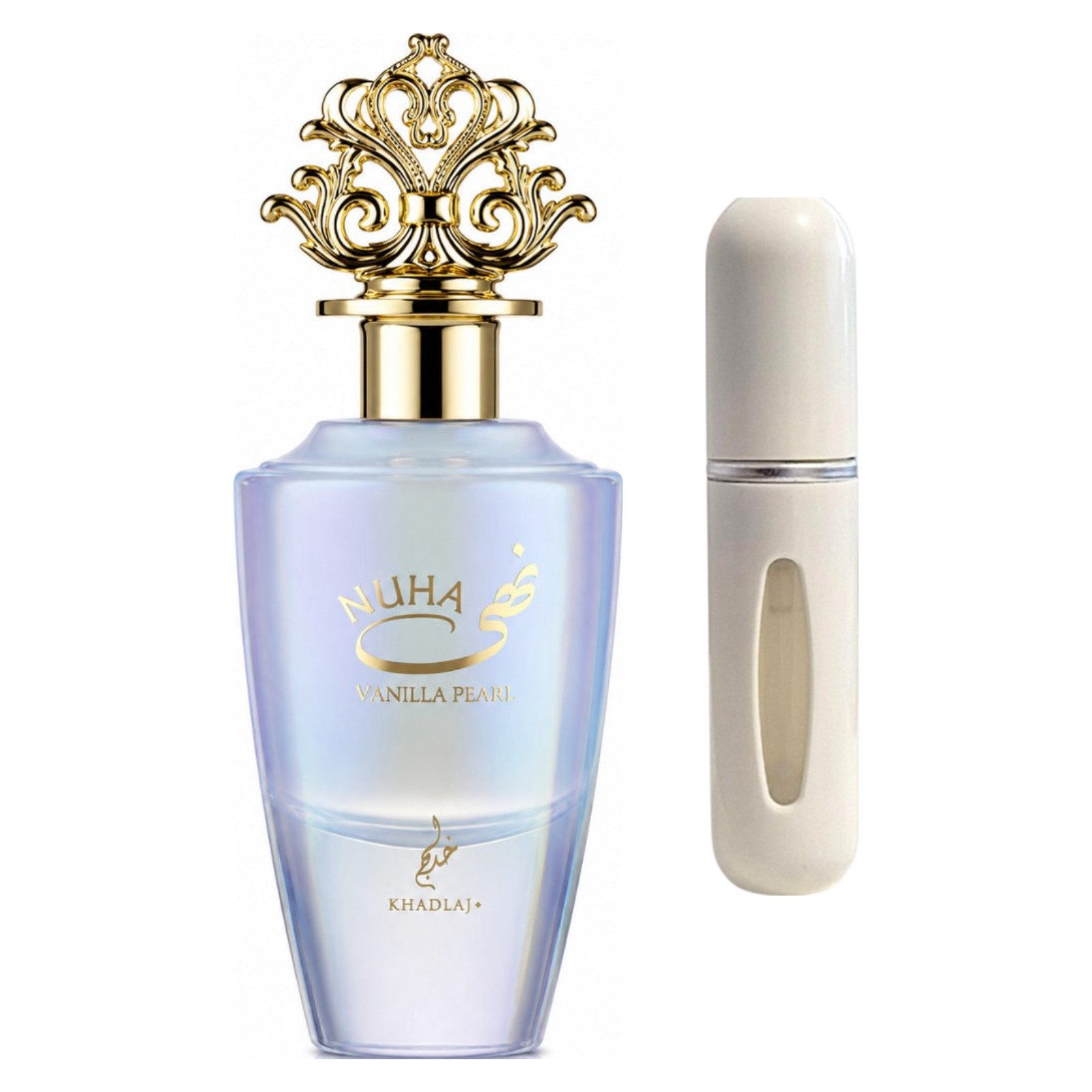 Khadlaj Duft-Set Nuha Vanilla Pearl EDP – Fruchtig Gourmand + Parfümzerstäuber (leer)