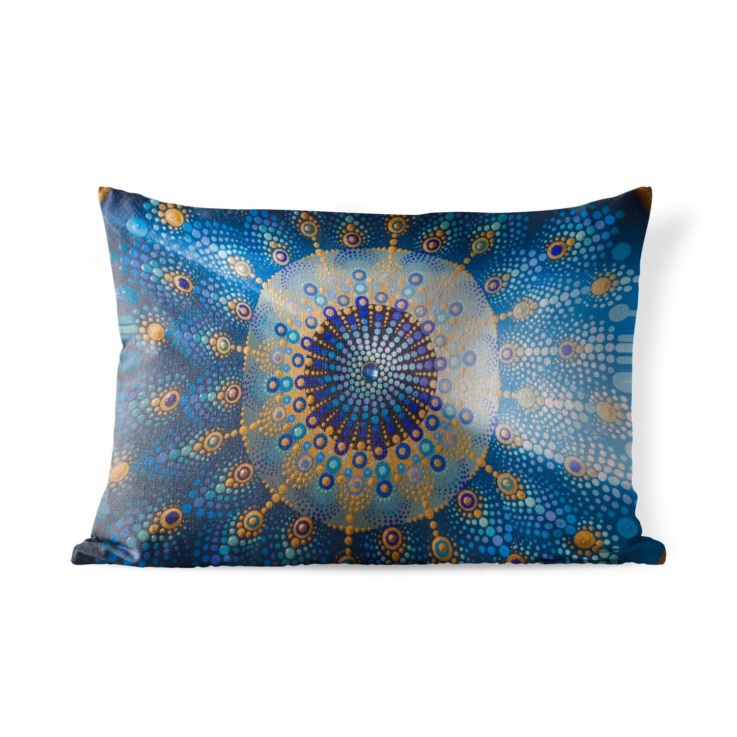 MuchoWow Dekokissen Kreis - Mandala - Blau - Gelb, Outdoor-Dekorationskissen, Polyester, Dekokissenbezug, Kissenhülle