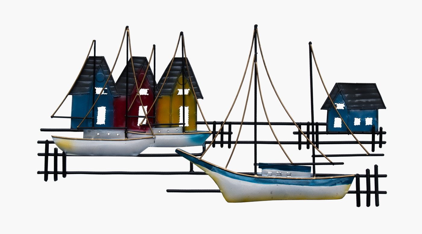 Kaufhaus le petit Wanddekoobjekt Wanddeko Schiff mit Häuser Metall Segelboot Boot Segelschiff Skulptur, Handgefertigte Wanddeko auf Metall