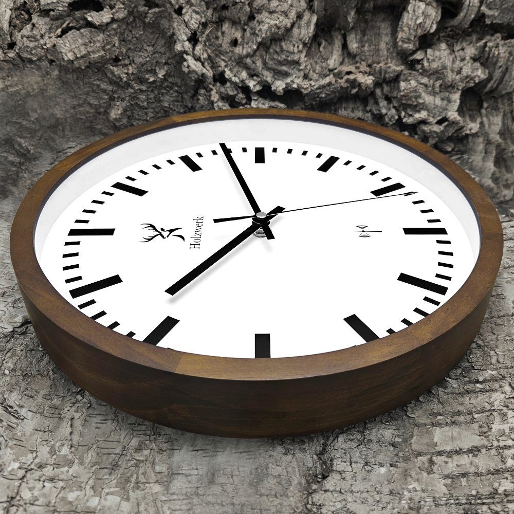 Holzwerk 30 braun, Tickgeräusche, ohne Uhr, (lautlos weiß Funkwanduhr cm) Funk Bahnhofs Wand Holz HOMBURG