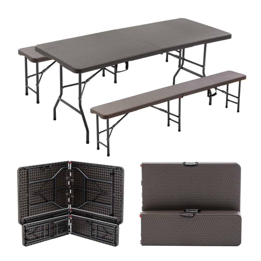 BBG Campingtisch 6ft Klappbarer Picknicktisch mit 2 Bänken, 3-teiliges Camping Set (stabil & tragbar, 1 Tisch, 2 Bänke), HDPE Tischplatte in Rattanoptik, faltbar, UV- & wasserbeständig