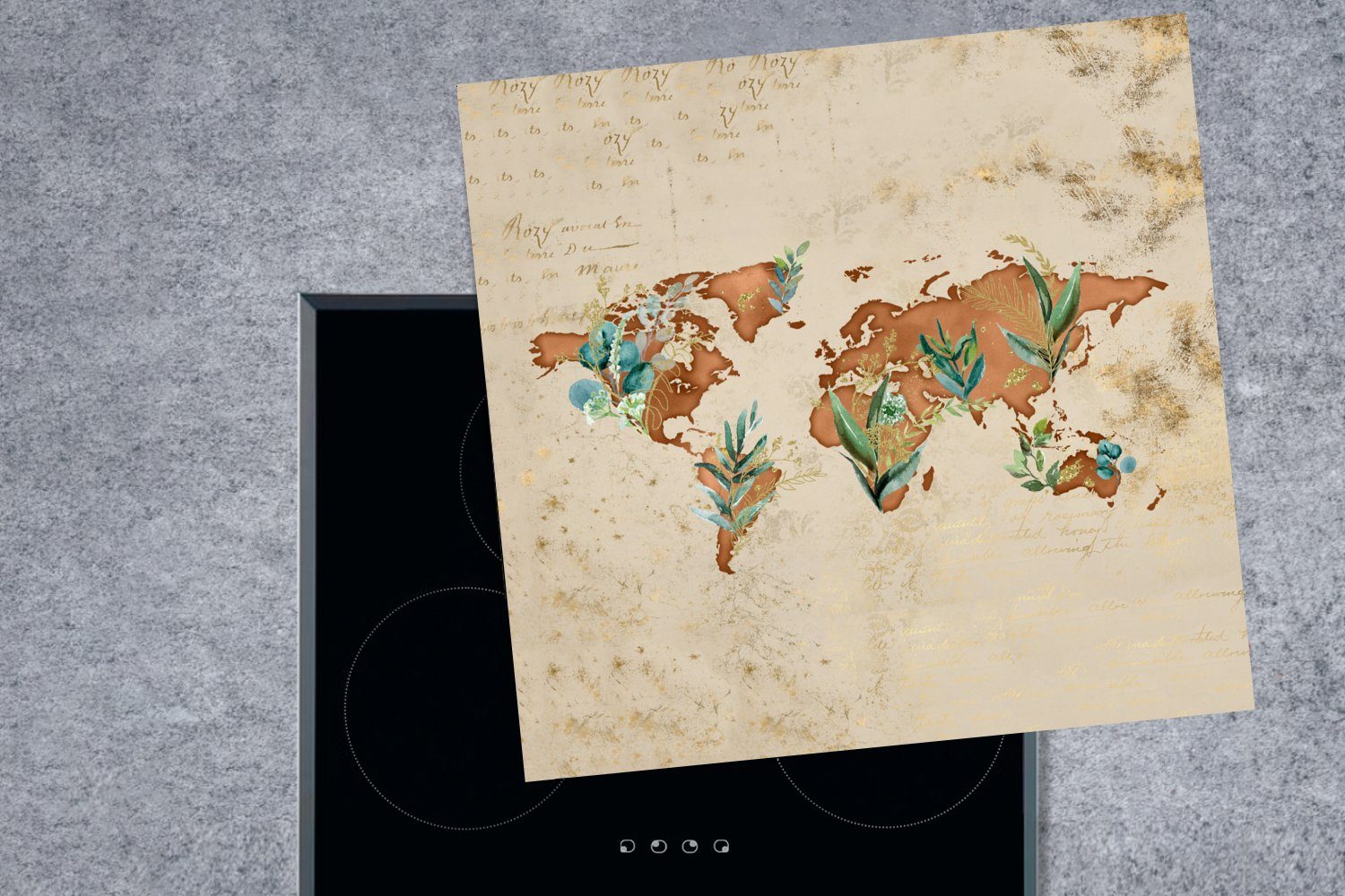 Retro für - Ceranfeldabdeckung, (1 - Vinyl, MuchoWow tlg), cm, Arbeitsplatte Weltkarte Herdblende-/Abdeckplatte Pflanzen, 78x78 küche
