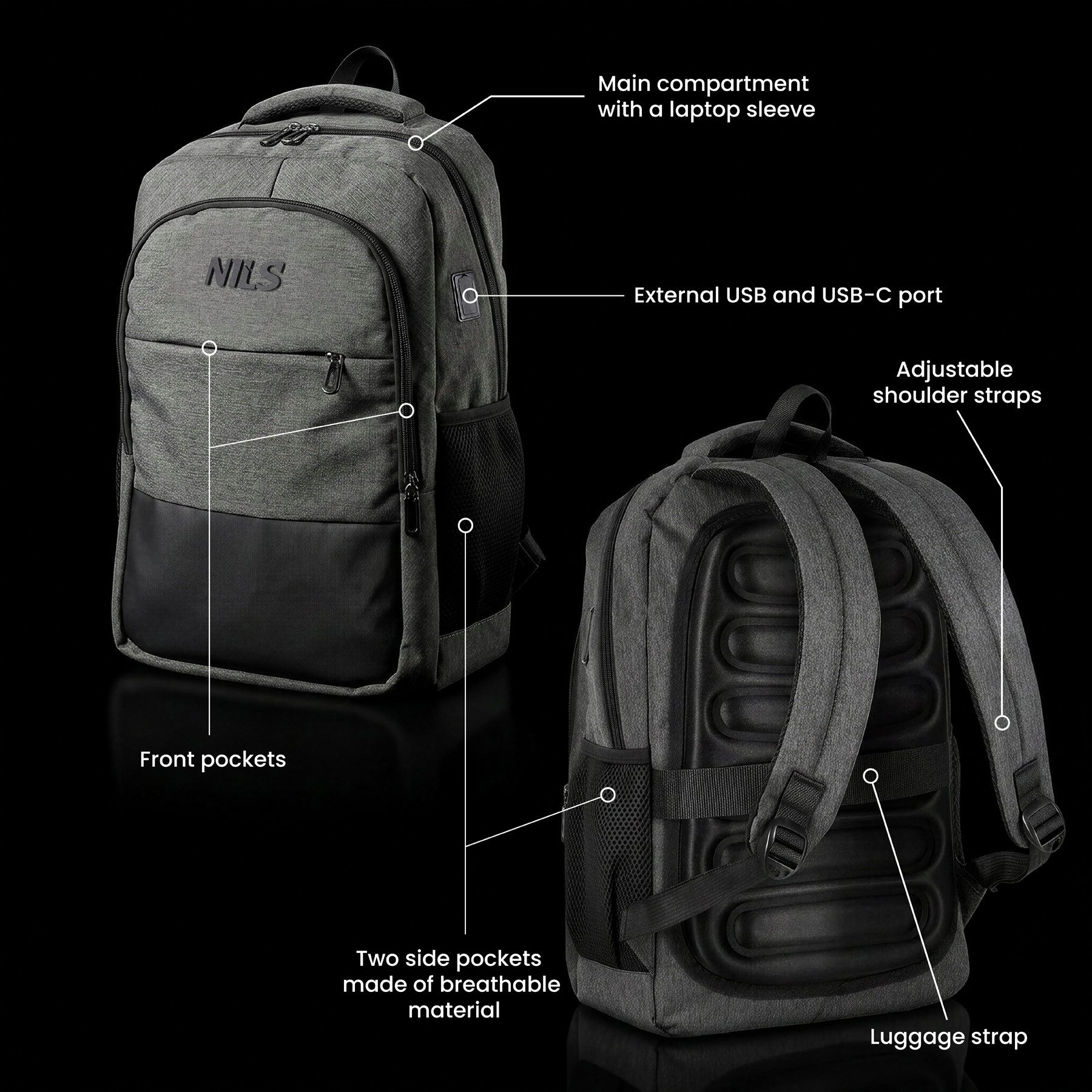 NILS CAMP Rucksack Laptoprucksack Businessrucksack Tagesrucksack (Spar-Set, 1-tlg), USB-Anschluss, Laptopfach, 18 l, 1680D-Nylon