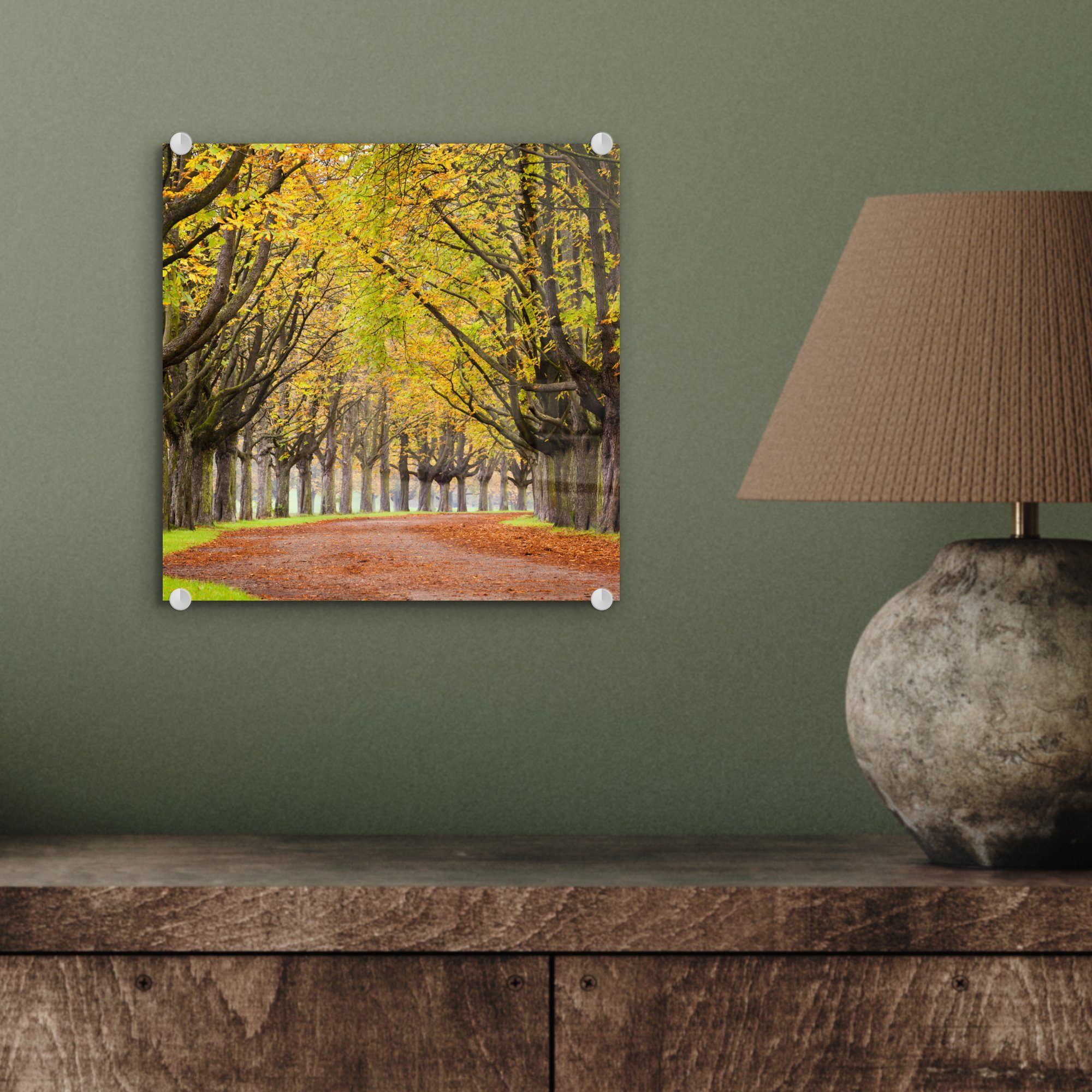 - Wanddekoration im Acrylglasbild Glas - Glas MuchoWow Glasbilder - St), Herbst, Foto Wandbild auf auf Bilder Kastanienbäume (1