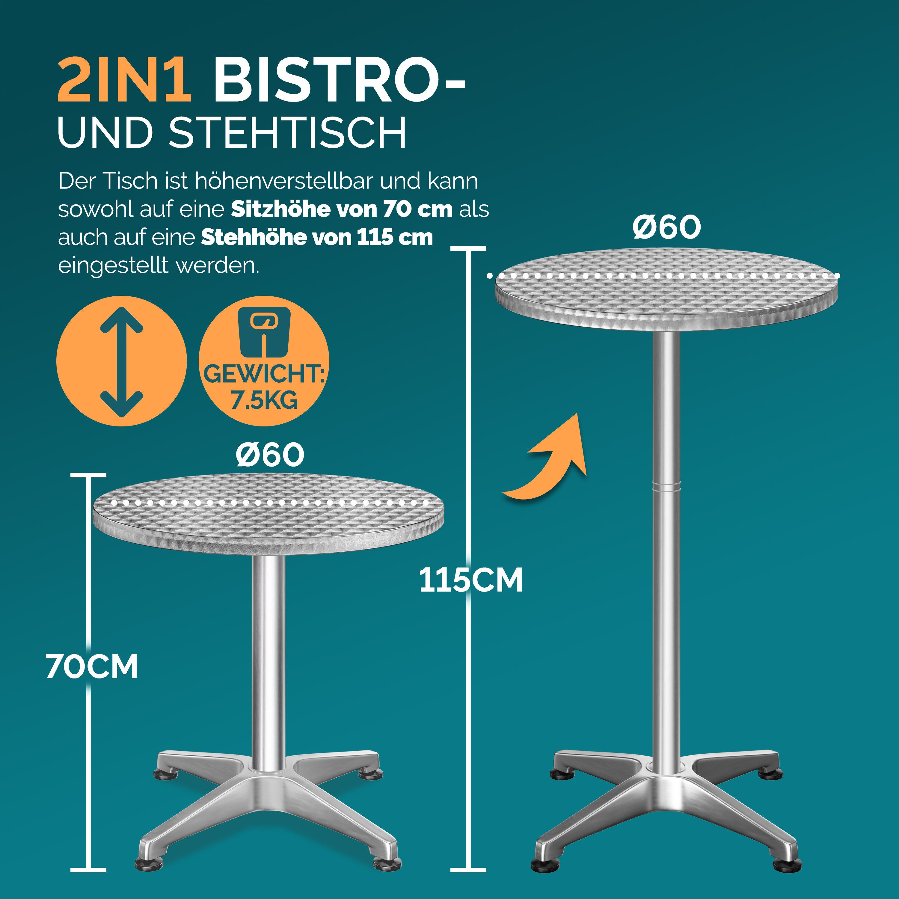 Casaria Stehtisch, mit Husse Stabil Höhenverstellbar Hoch Alu Rund Ø 60cm Wetterfest