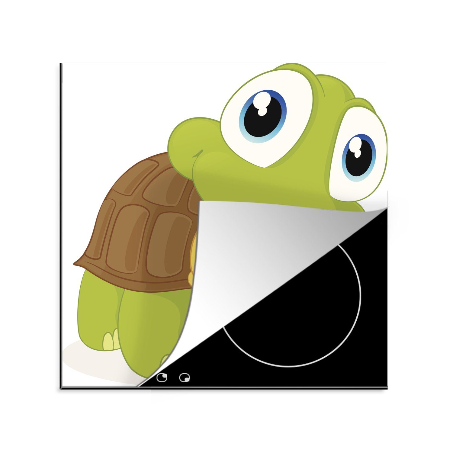 MuchoWow Herdblende-/Abdeckplatte Illustration einer grünen Schildkröte, die nach vorne schaut, Vinyl, (1 tlg), 78x78 cm, Ceranfeldabdeckung, Arbeitsplatte für küche