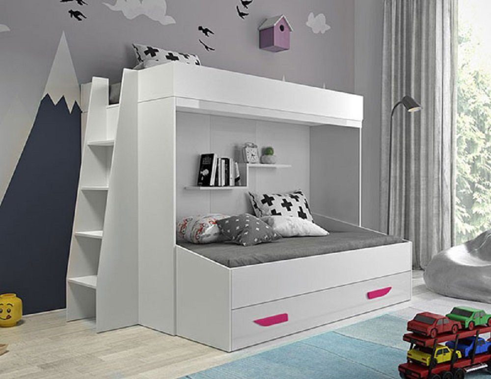 Feldmann-Wohnen Hochbett PARTY (Etagenbett, mit Bettschublade) Farbe wählbar weiß / weiß Hochglanz - Griffe pink