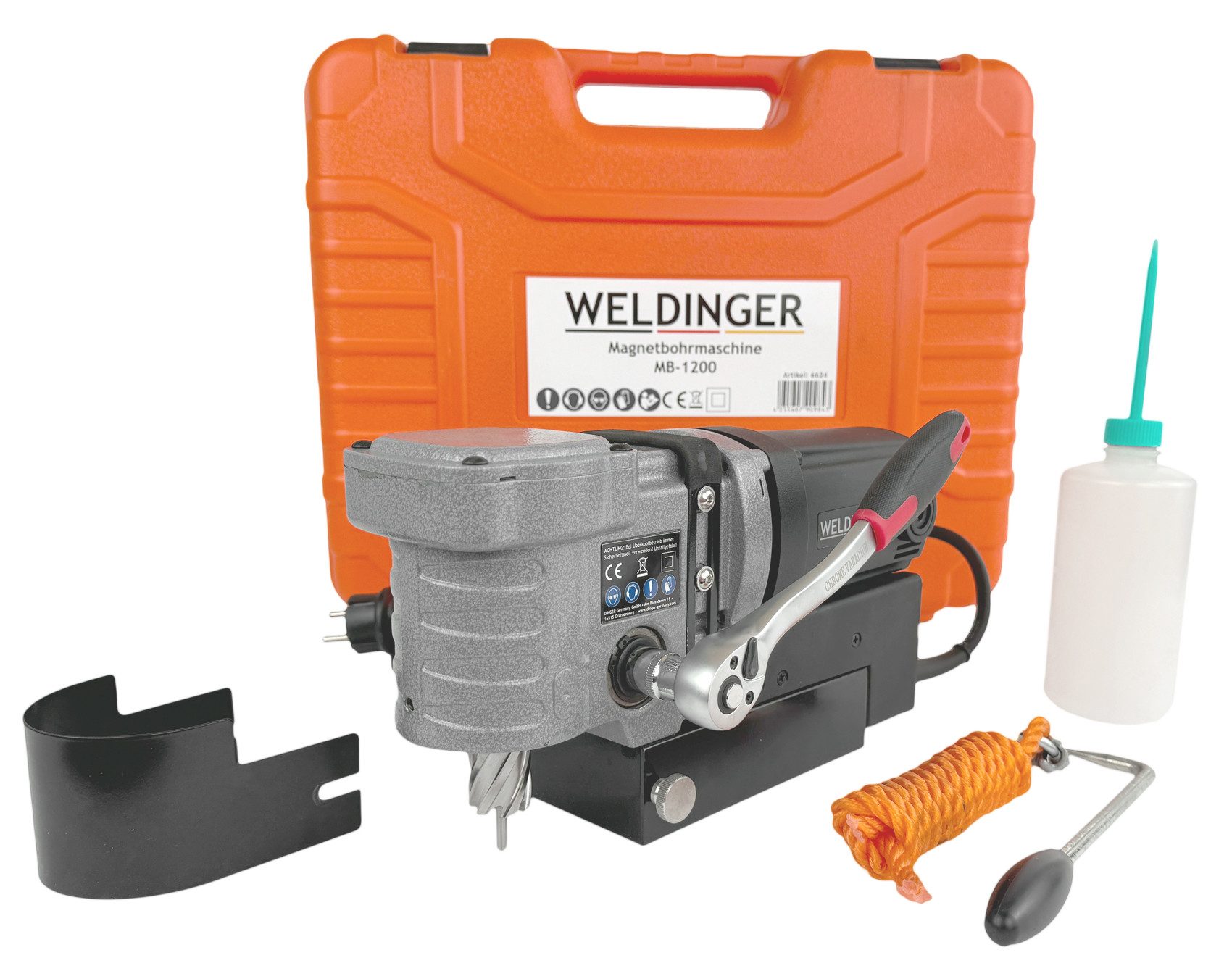 WELDINGER Bohrmaschine Magnetbohrmaschine MB-1200 kurz Weldon 690 U/min 12.000 N Haltekraft, 230 V V, max. 690 U/min, magnetisch, für horizontale/vertikale Bohrungen