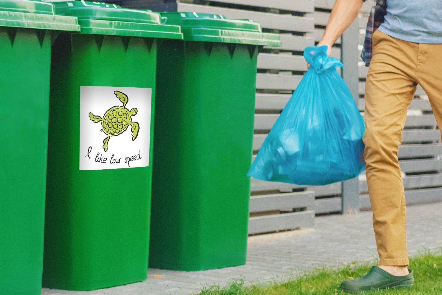 Mülleimer-aufkleber, Abfalbehälter MuchoWow Schildkröte grünen des Sticker, Wandsticker einer Illustration St), Container, (1 Mülltonne, Kopfes