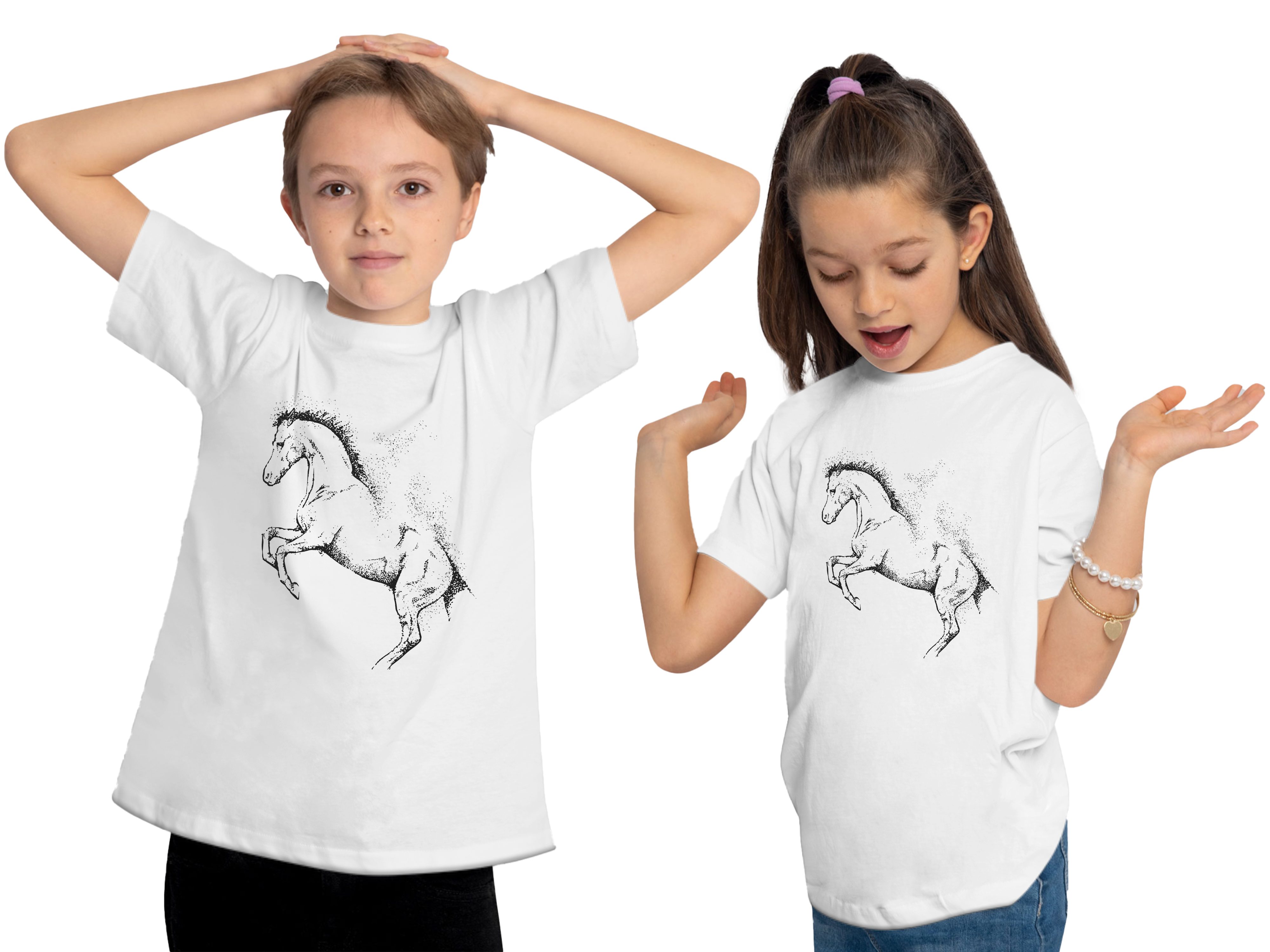 Aufdruck, Print-Shirt Mädchen weiss T-Shirt bedrucktes mit i196 Pferde MyDesign24 Silhouette Baumwollshirt Kinder Gepunktete -