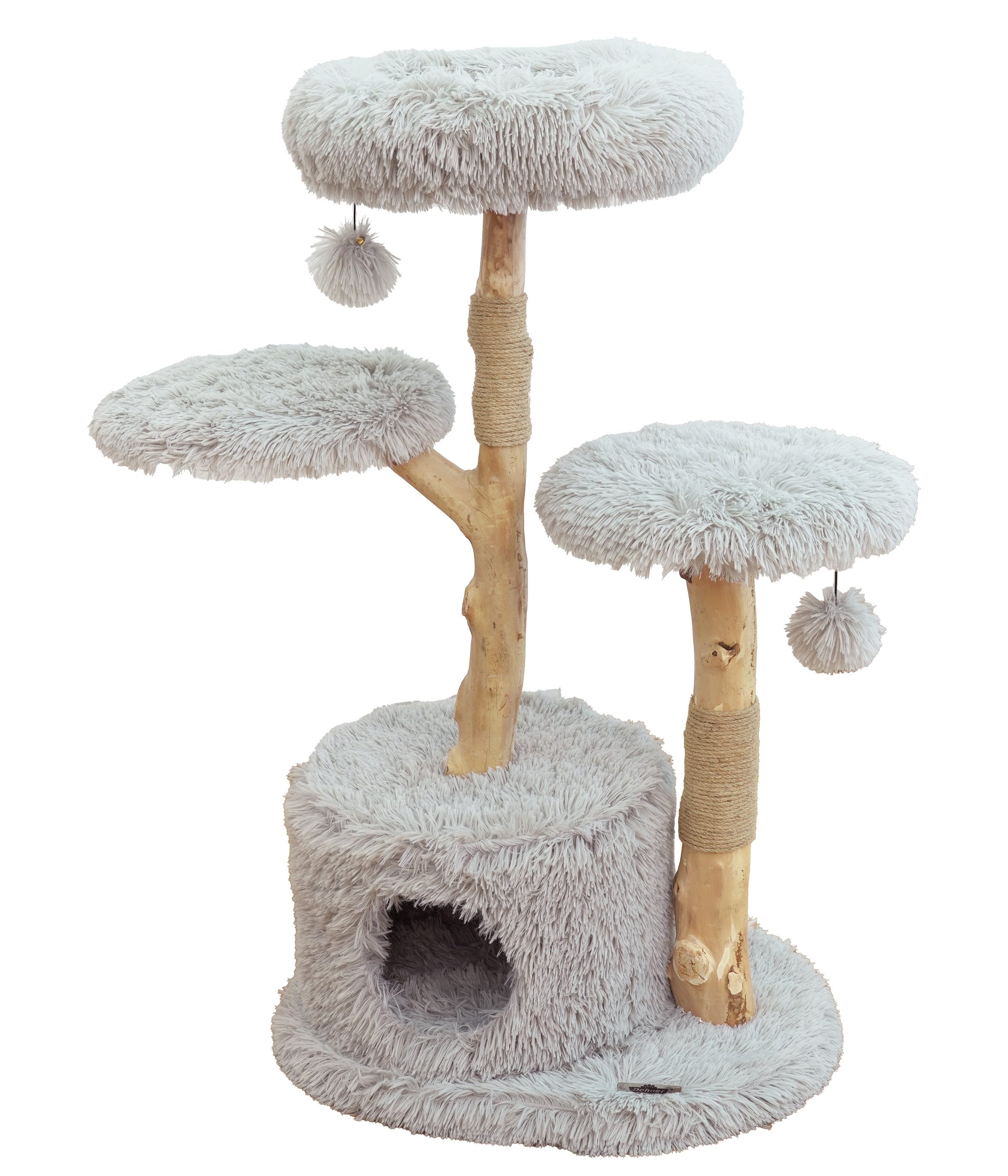 Dehner Kratzbaum Premium Lovely, Natur, 110 x 60 x 45 cm, hellgrau, natürlicher Kletterplatz aus echten Baumstämmen mit zwei Spielbällen