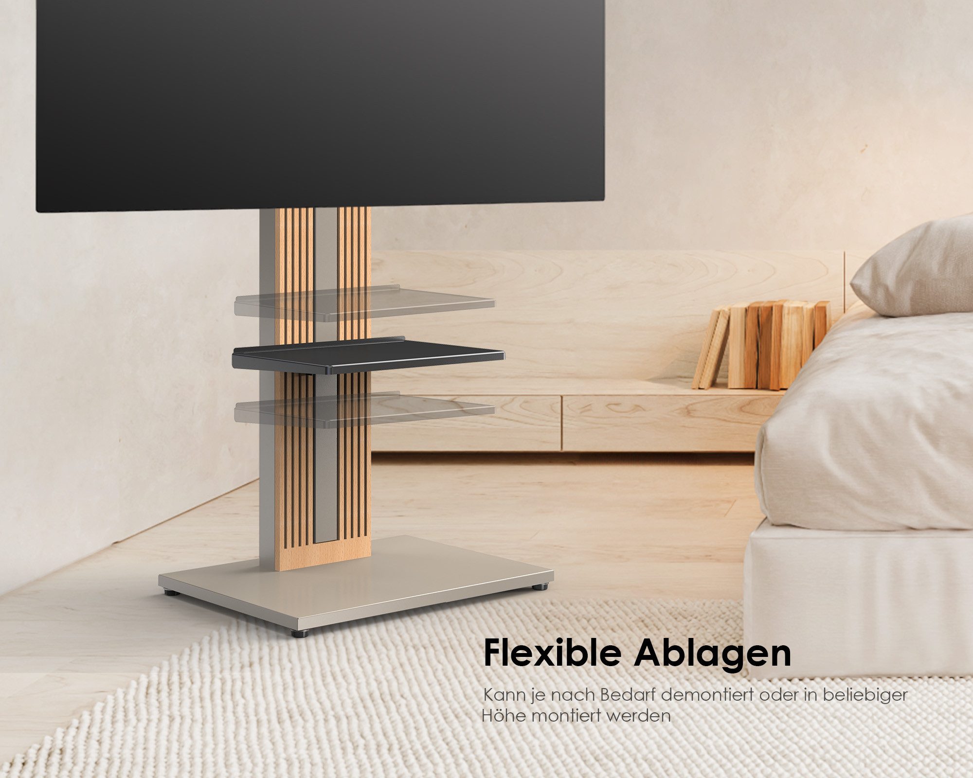 FITUEYES TV-Ständer aus Holz, mit höhenverstellbarer Ablage, ±15° schwenkbar, 32-65 Zoll, (bis 65,00 Zoll, höhenverstellbar, mit Kabelmanagement) – Bild 2 von 5