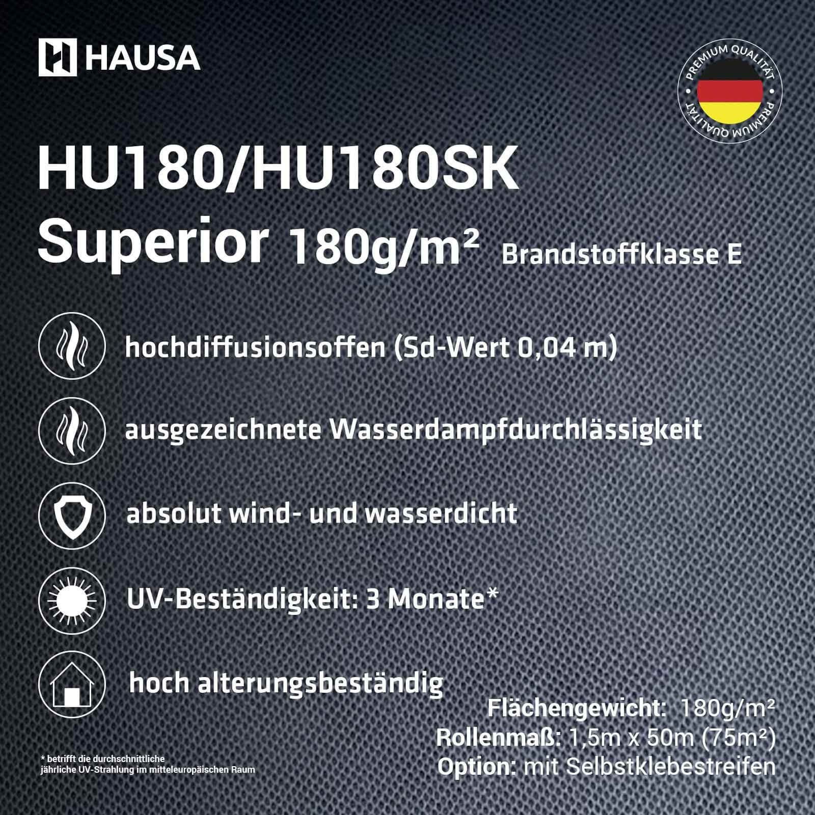 Hausa Dachbahn Unterspannbahn Dach Superior HU180, Ohne Selbstklebestreifen, 300 m² pro Paket, (180g/m², 4-St., 4 x 1,5m x 50m), flexible dreilagige hochdiffusionsoffene Unterdeckbahn